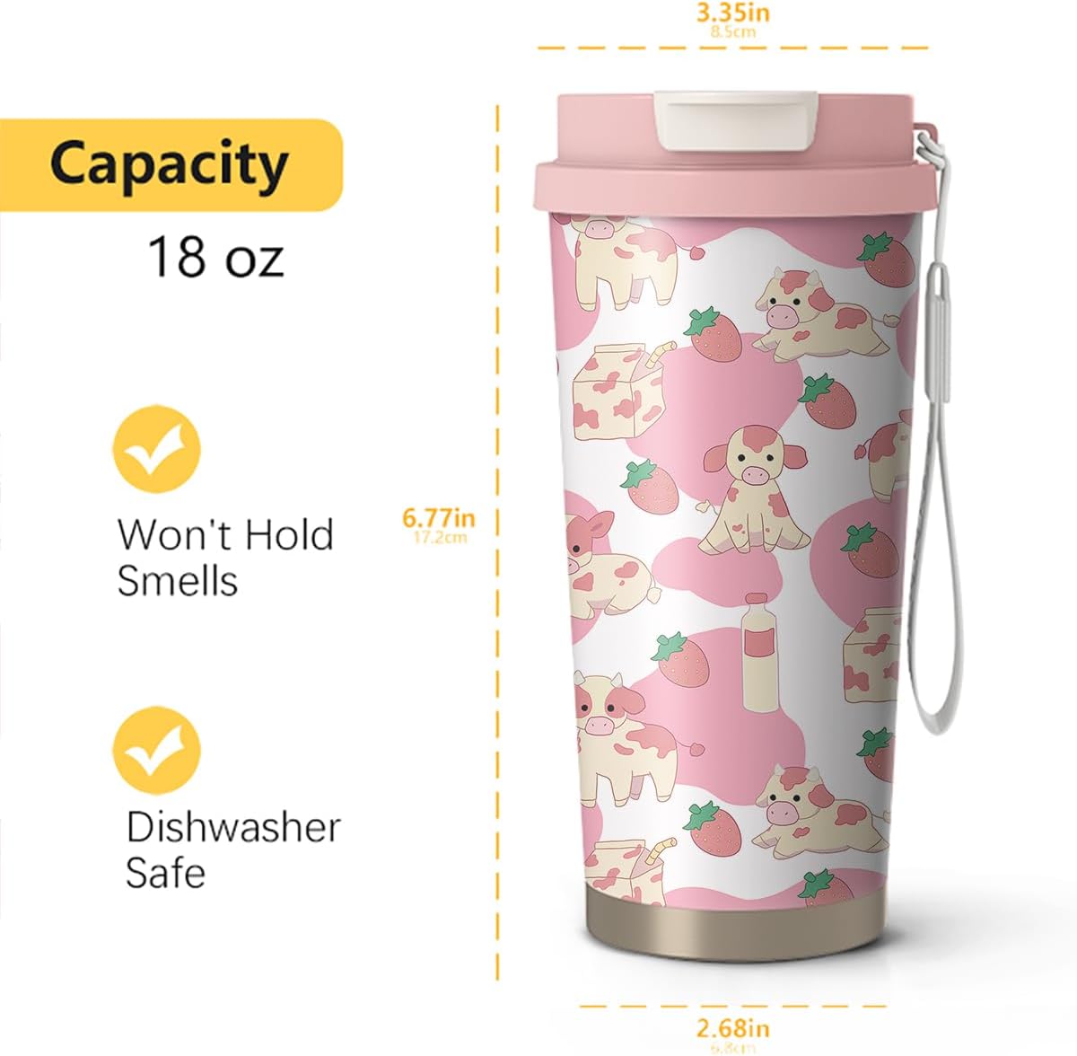 18oz Cute Cow Coffee Mug Travel Cups with Lid and Flip Straw, Pink Stainless Steel Insulated Tumbler Water Bottle with Strap, Gifts for Women Animal Lovers - Image 2