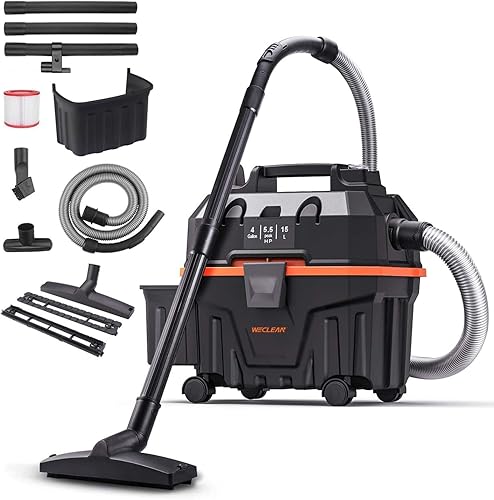 WECLEAN Aspiradora comercial en seco y húmedo de 4 galones, 5.5 pico de HP para patio al aire libre, construcción húmeda y seca, aspiradora con