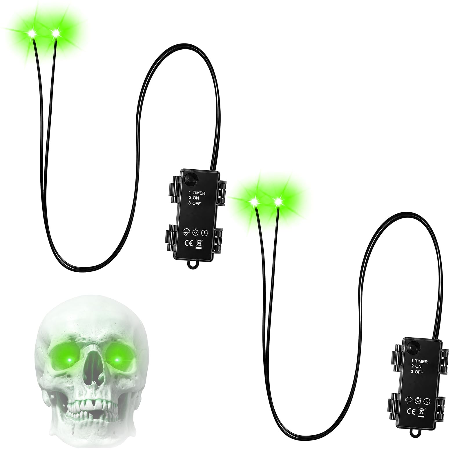 Green Glowing Skeleton Eyes with Timer, Waterproof Halloween LED Lights