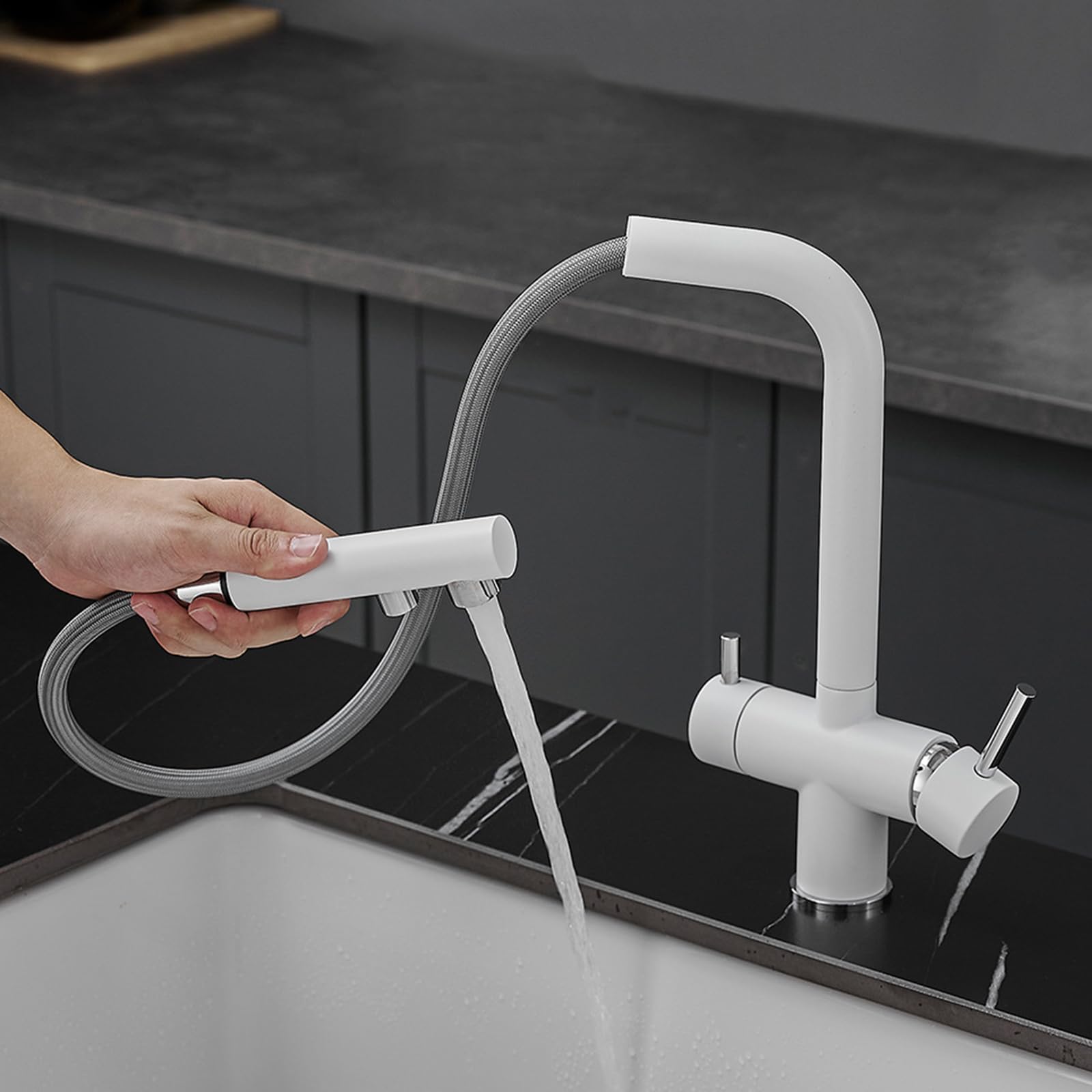 3 Wege Wasserhahn mit Trinkwasser Küche Ausziehbar Weiß Spülbecken Armaturen Messing-Weiß