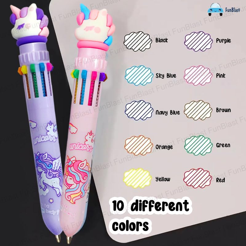 Image of FunBlast 10 In 1 Ball Pens for Writing - Cartoon Design Lightweight Ball Pen with Comfortable Grip for Extra Smooth Writing, Stationery for School & Office, Birthday Return Gift (Unicorn)
