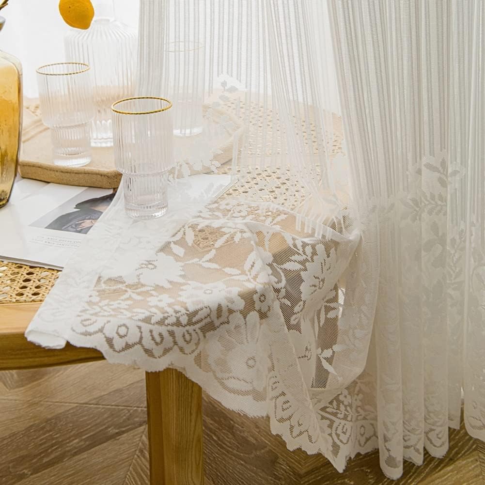 White Lace Retro Small Fresh American Pastoral Princess Yarn 52 Wide Window Treatments Sheer Curtains Rod Pocket Top for Living Kids Nursery Room Bedroom
