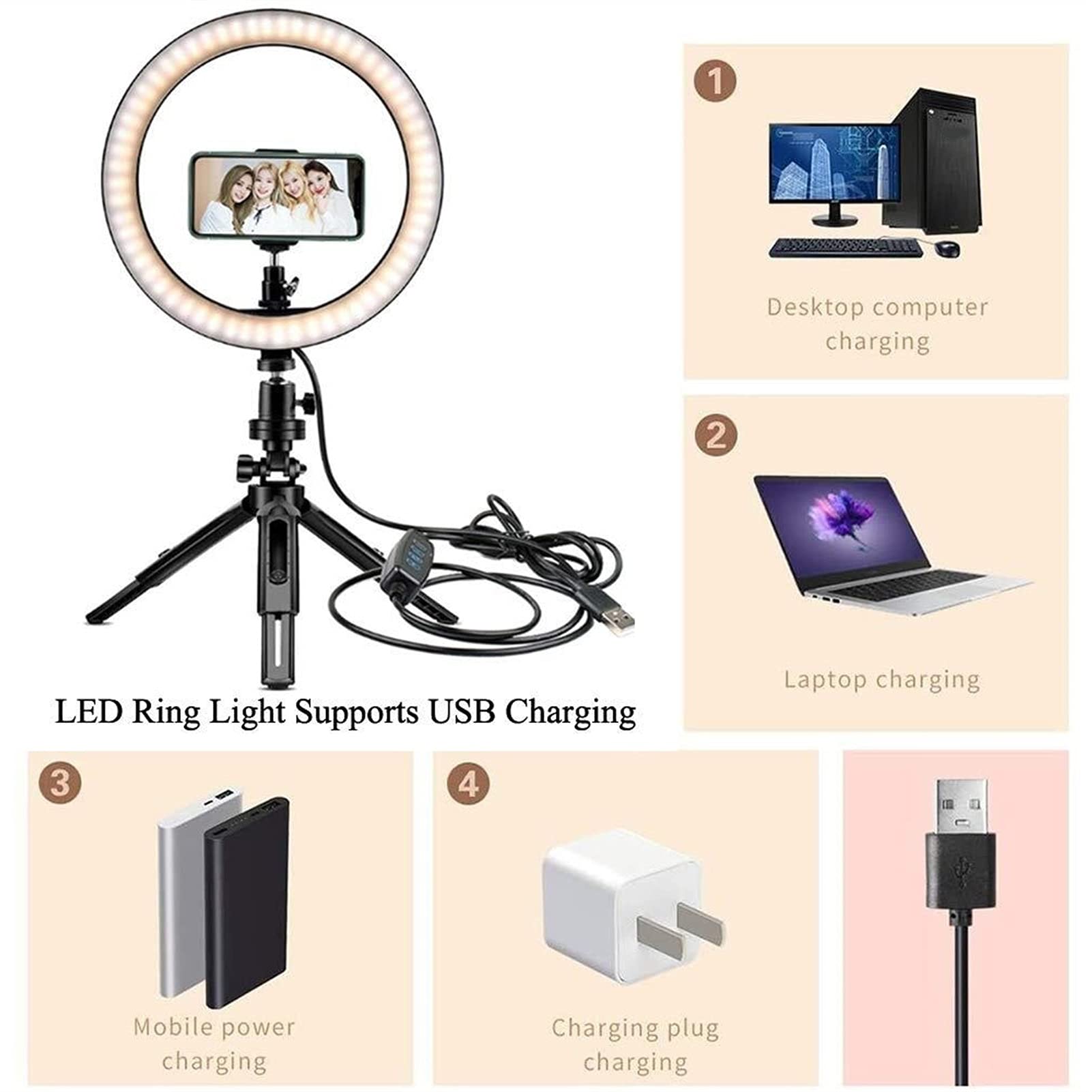 10"Selfie. GUIDATO Lampada ad Anello con Supporto treppiede e Supporto per Anelli USB Photography Riempimento Lampada 3 modalità Luminosa 10 Livello di luminosità Kit Ricaricabile Diamplare Flash per