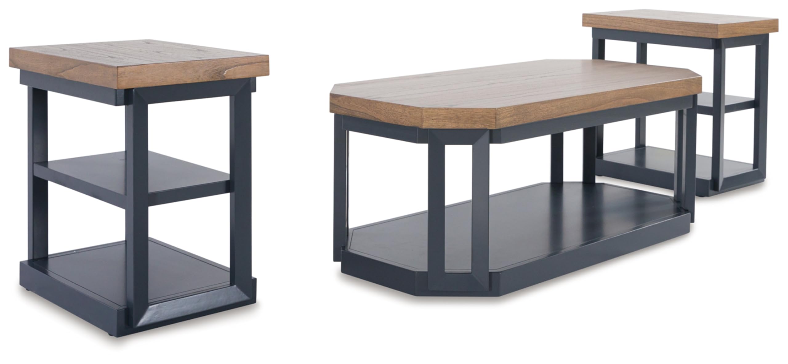 Photo 1 of ***MAJOR DAMAGE TO COFFEE TABLE***
Signature Design by Ashley Landocken Contemporary Occasional Table Set with Open Shelves and Casters, Set of 3, Light Brown & Blue