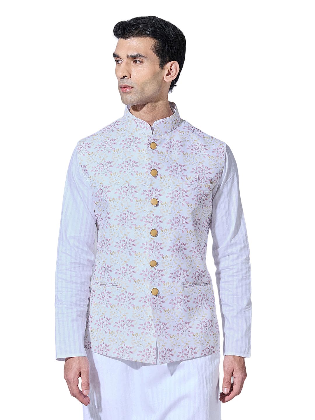 showoffff Men's Floral Printed Cream Pink Nehru Jacket-AK-3202-1_CreamPink-picture-27