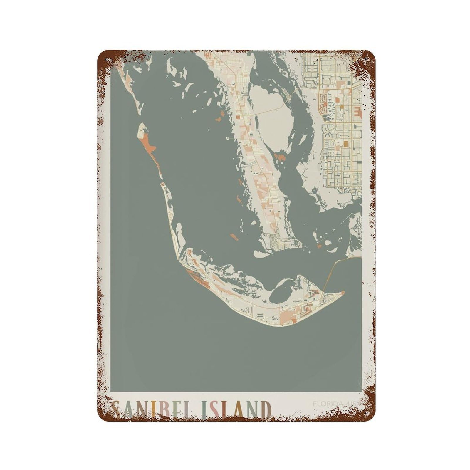 xiaoxiaoshen Sanibel Island Map Florida Travel Gift Boho Wall Decor Art Metal Tin Poster Modern Home Decor Art Home Bar Shop Decorations Vintage Sign 40x30cm