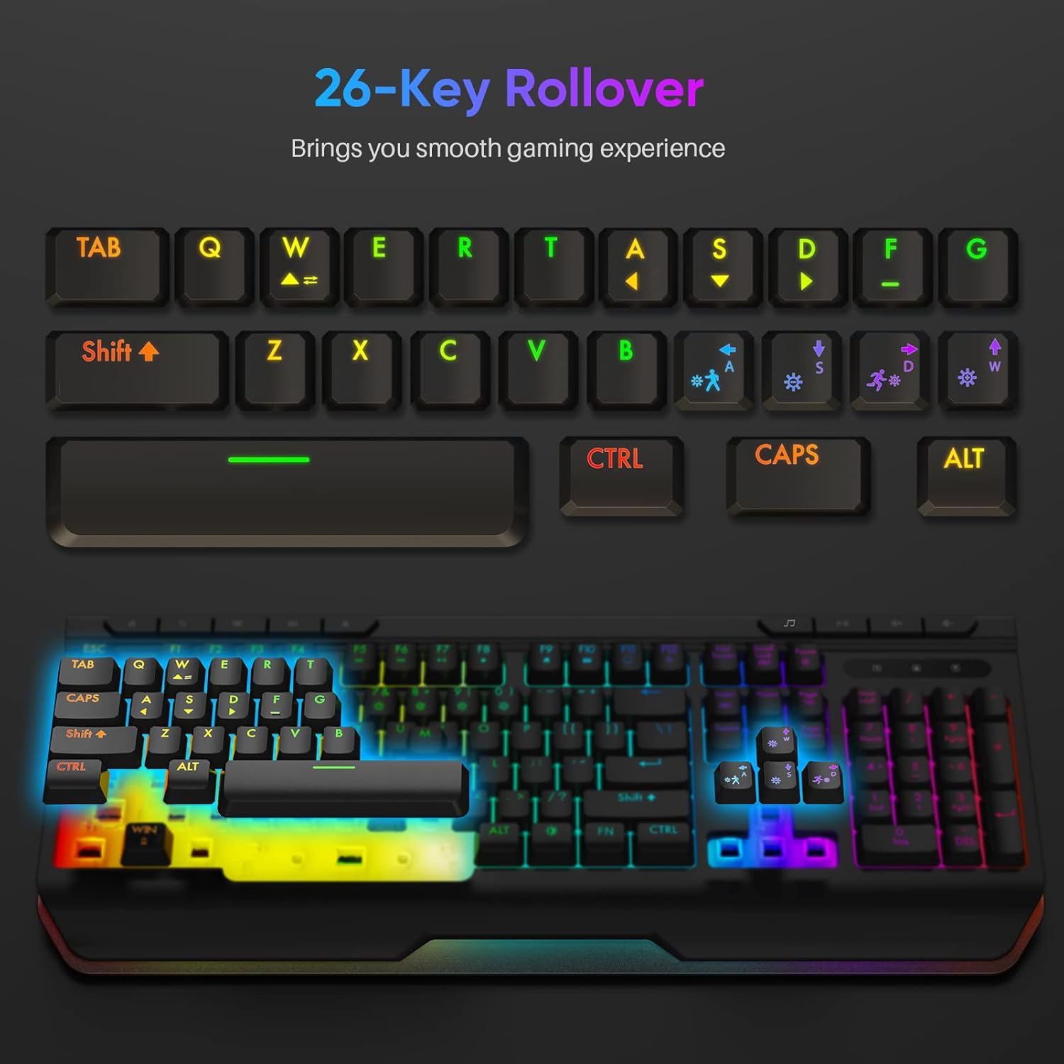 Qwecfly Gaming Keyboard RGB Wired Customized Backlit, 9 Dedicate Multimedia Keys, Full Size Keyboard with Ergonomic Wrist Rest, 26 Anti-ghosting Keys for PC, Laptop, Gamer : Video Games