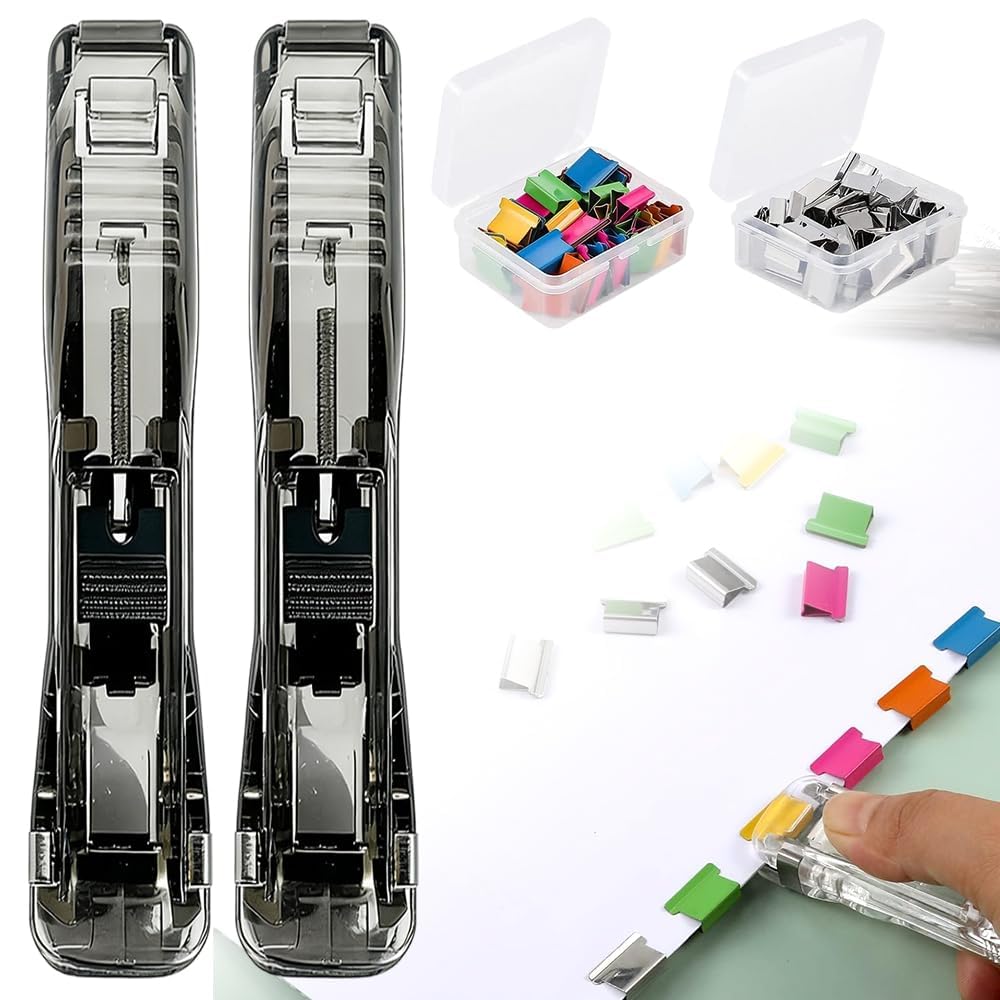 2026 Neue 2 Stück Reusable Creative Stapler,Klammerloses Heftgerät,mit 100 Stück Wiederverwendbare Heftklammern,Hefter,Push Clamp Stapler Holder,Reusable Creative Mini Push Hefter Set