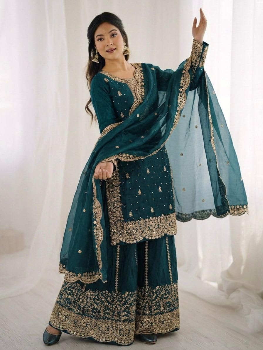 Fandy Silk New Punjabi Style Sharara Suit For Women Ready To Wear Salwar Kameez With heavy Dupatta