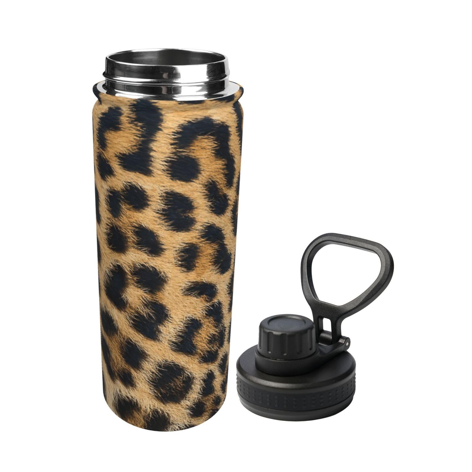 Borraccia termica in acciaio inox con stampa leopardata ruvida con manico, adatta per ciclismo, fitness
