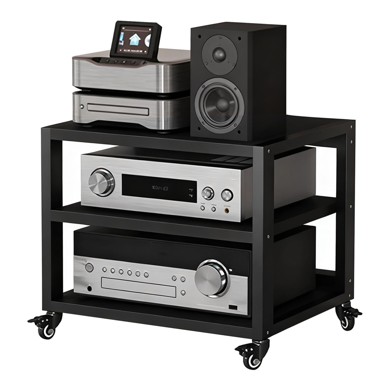 Stojak na sprzęt audio 2/3/4/5-poziomowy z kółkami, wytrzymały stojak na sprzęt audiowizualny, wzmacniacz HiFi, przechowywanie w domu gramofonu, sprzętu audio/wideo (czarny i brązowy, dł. 55 x sz