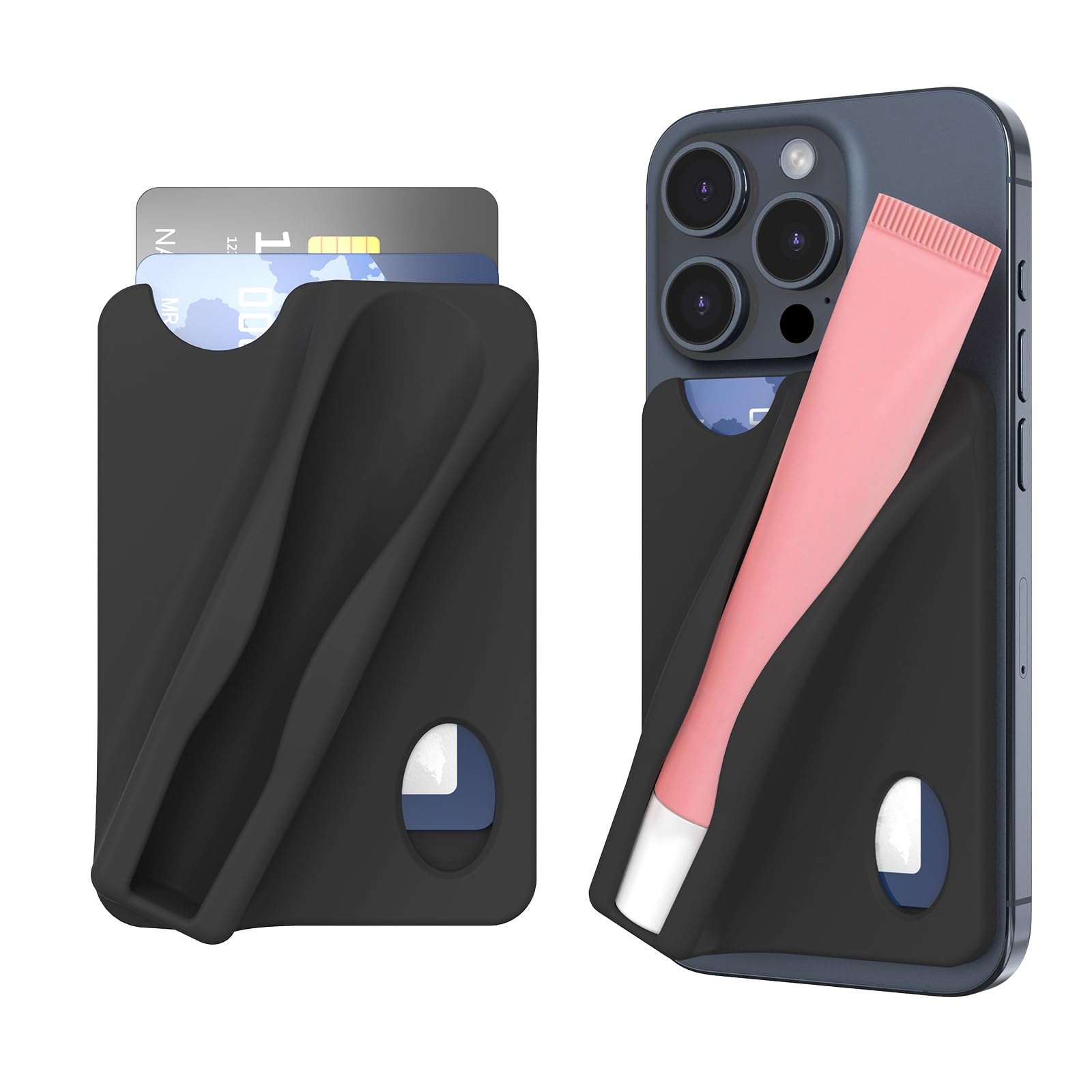 DOB SECHS Large Silicone Lip Holder with Card Holder Compatible with Summer Fridays, Tower 28, Laneige Lipstick Lip Glaze Phone Case Back Stick On Holder for iPhone and Android Smartphones, Black