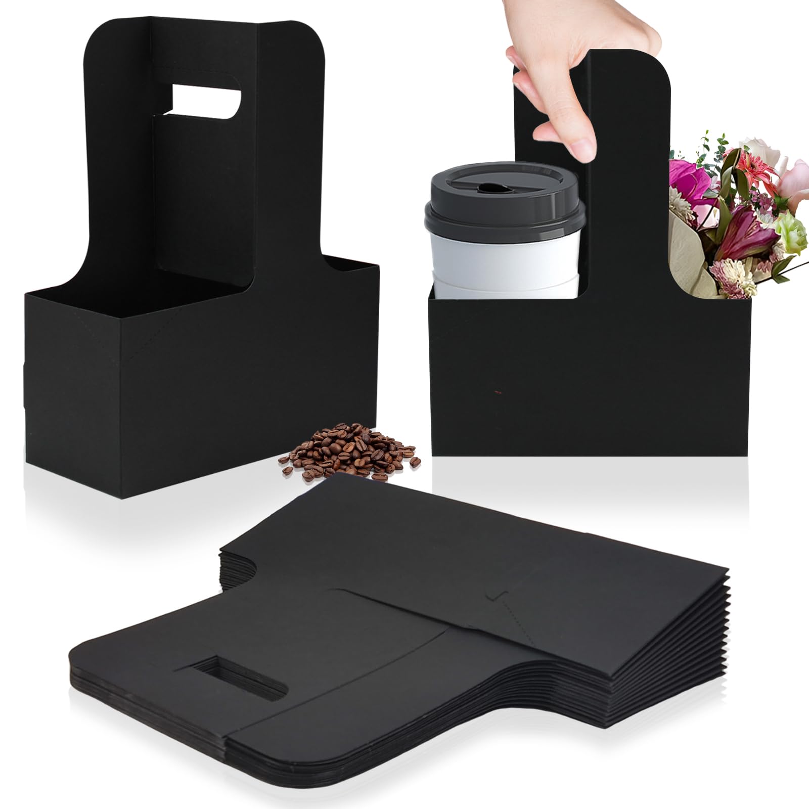 2 Cup Disposable Drink Carrier for Delivery with Handle,15 Count Black Paperboard Cup Holder,Cup Carriers for Hot or Cold Drinks,Coffee Carrier, Food