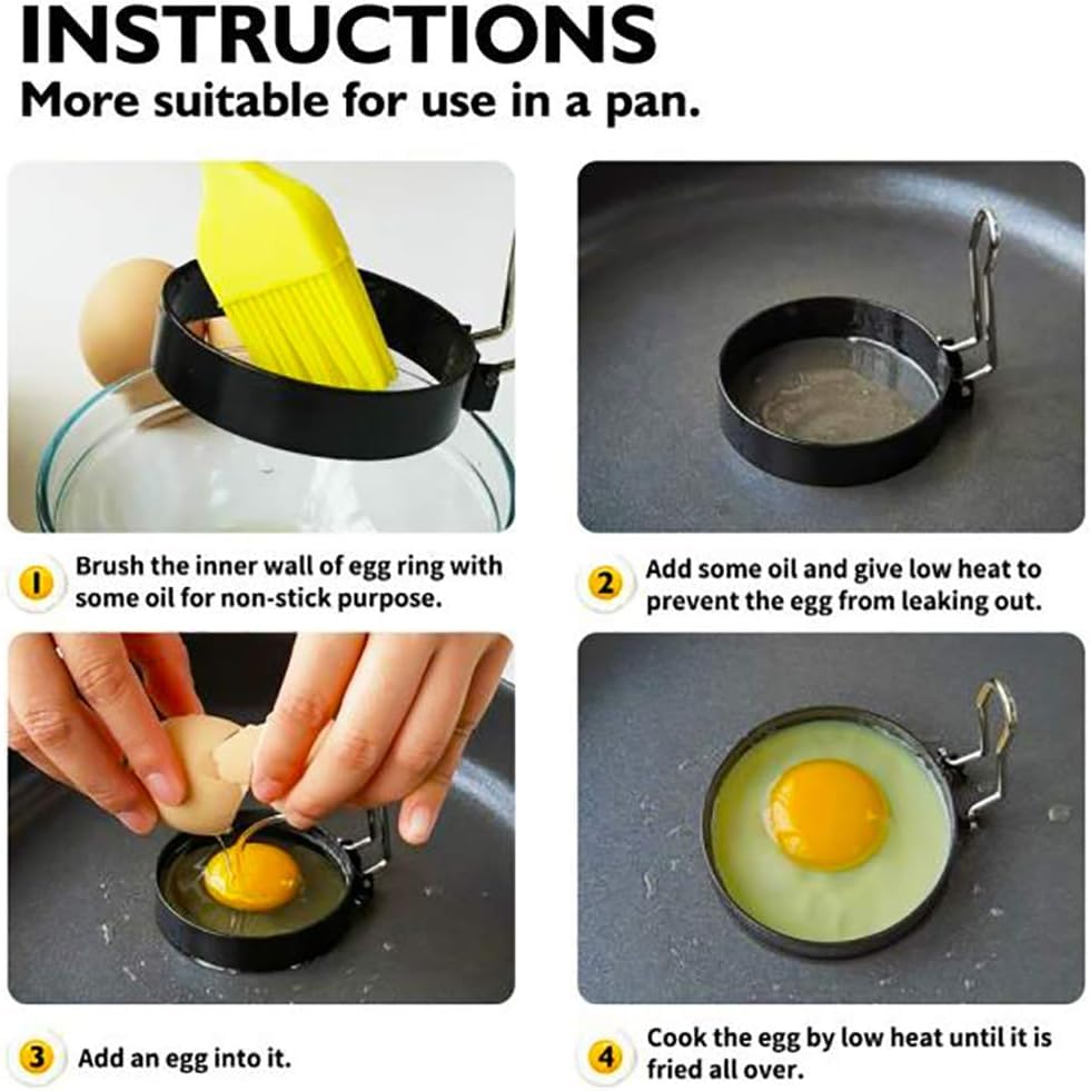 Turbid Stainless Steel Round Egg Rings with Handle - Black (Pack of 2) | 7.5 x 7.5 x 7.2 cm | Nonstick Egg Shaper Mold for Omelette, Pancakes, Breakfast Sandwiches and Round Fried Eggs 1