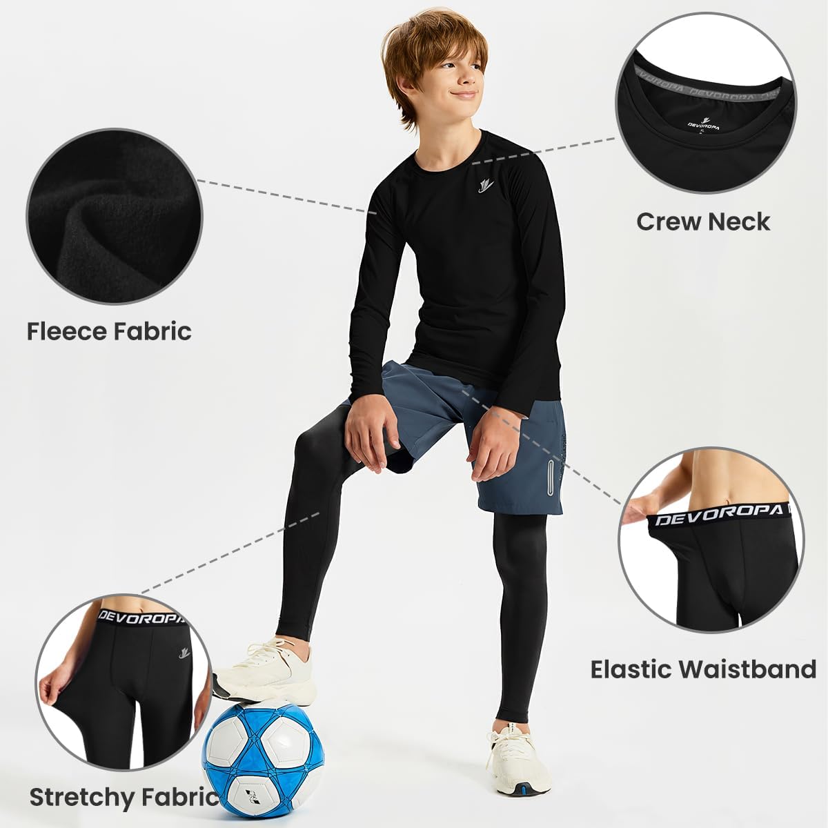 DEVOROPA Youth Boys Fleece Lined Compression Shirts & Pants Kids Girls Thermal Underwear Set Athletic Tops Leggings Baselayer - Image 4
