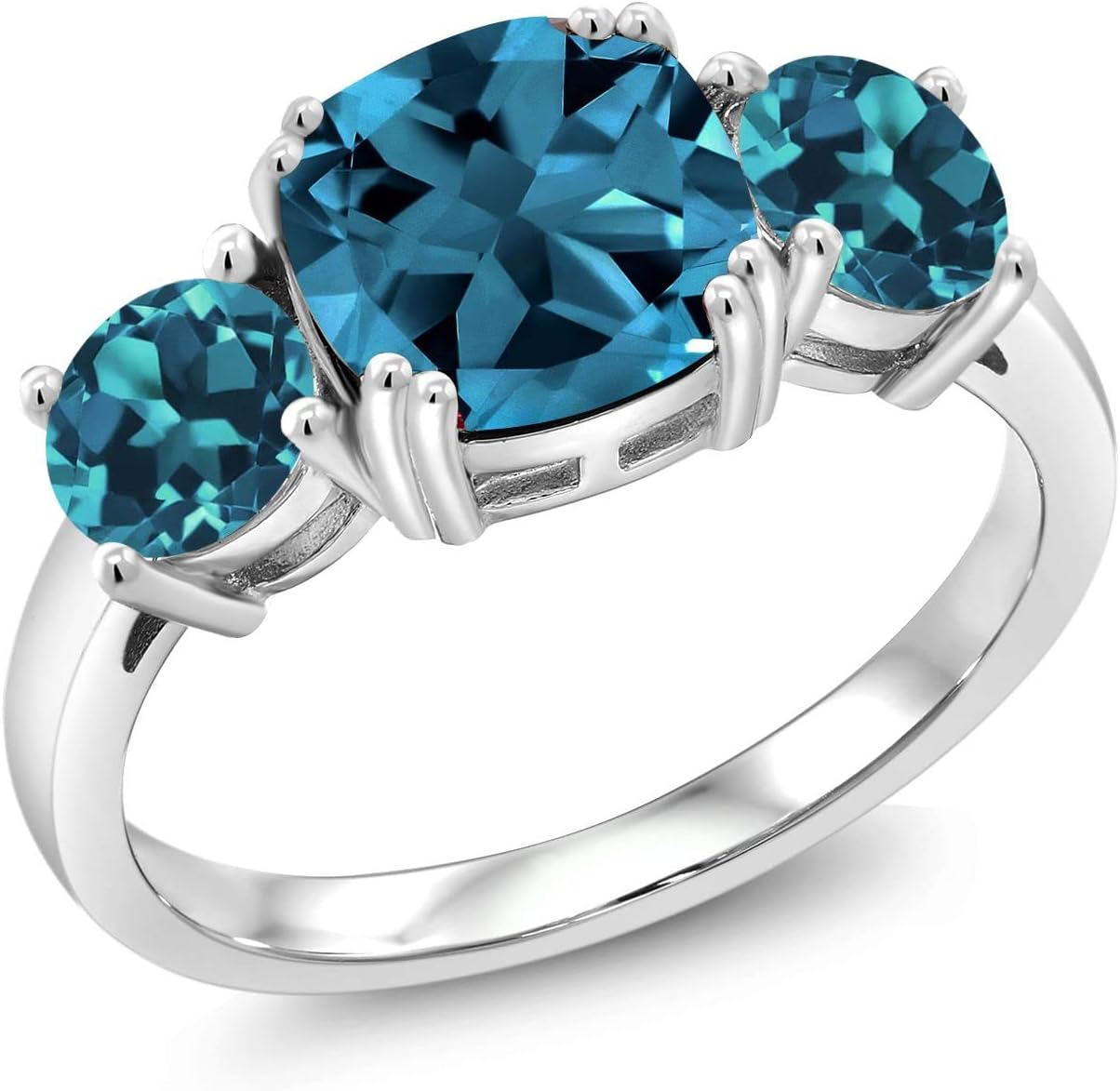 Gem Stone King 3.74 Cttw London Blue Topaz 3-Stone Engagement Ring For Women | 925 Sterling Silver | Gemstone November Birthstone | Cushion 8MM