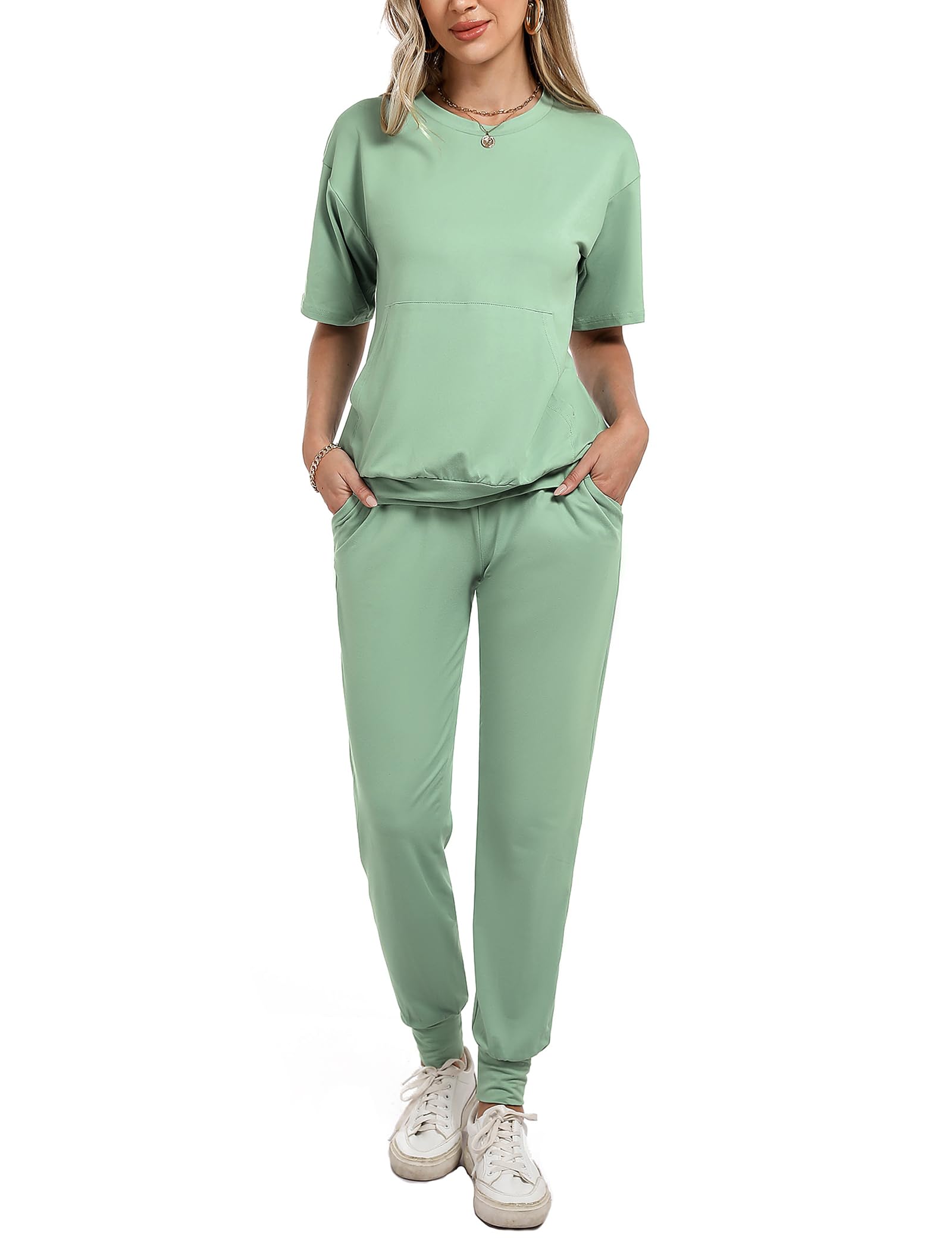 Irevial Conjunto Chandal Mujer Verano Conjunto de Camiseta de Manga Corta y Pantalones con Cordón y Bolsillo Ropa Deportiva 2 Piezas Primavera para Fitness