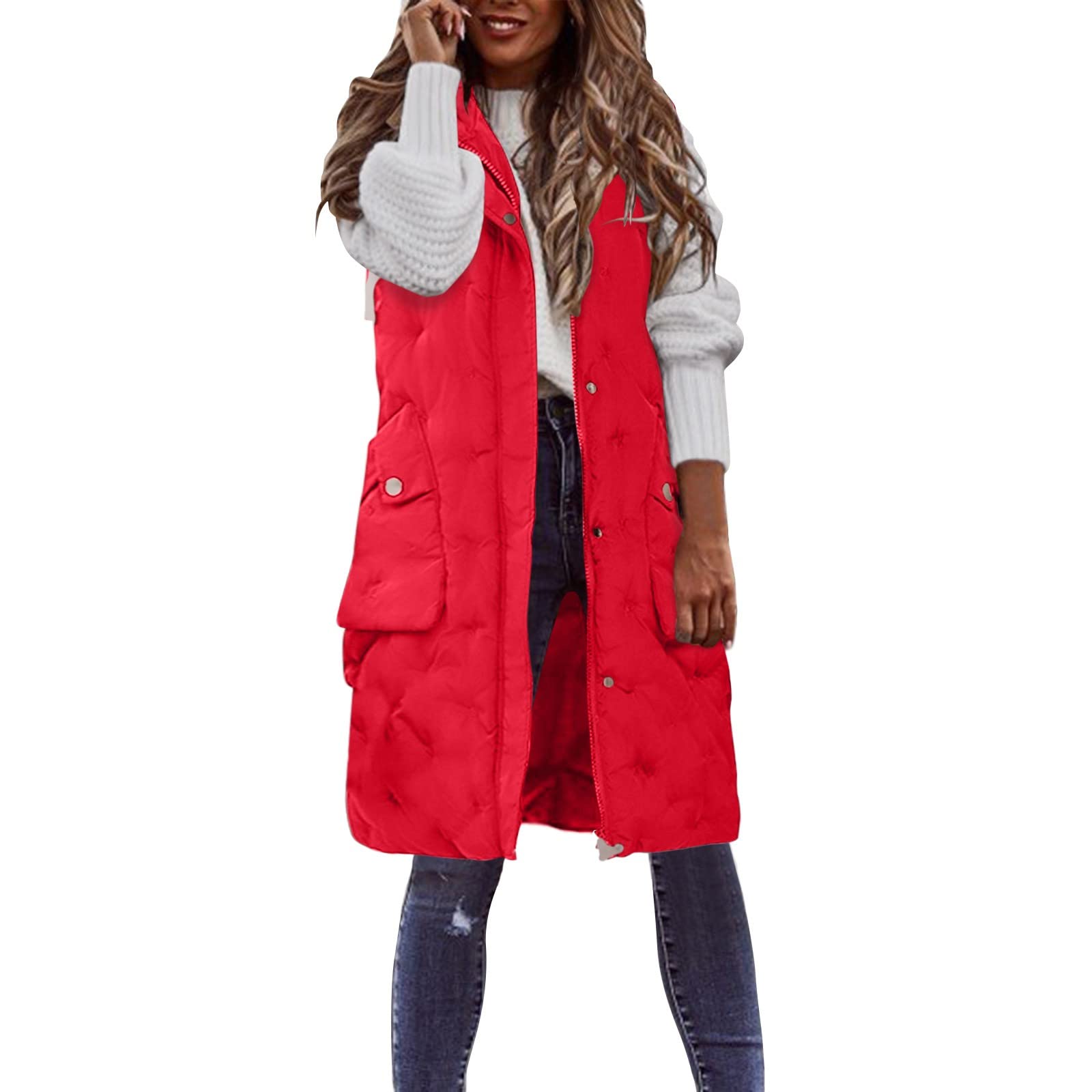 Chaleco con capucha para mujer de longitud media, chaleco acolchado con cremallera para mujer, chalecos casuales de moda de color sólido, chalecos versátiles ligeros y cómodos, chalecos cálidos con