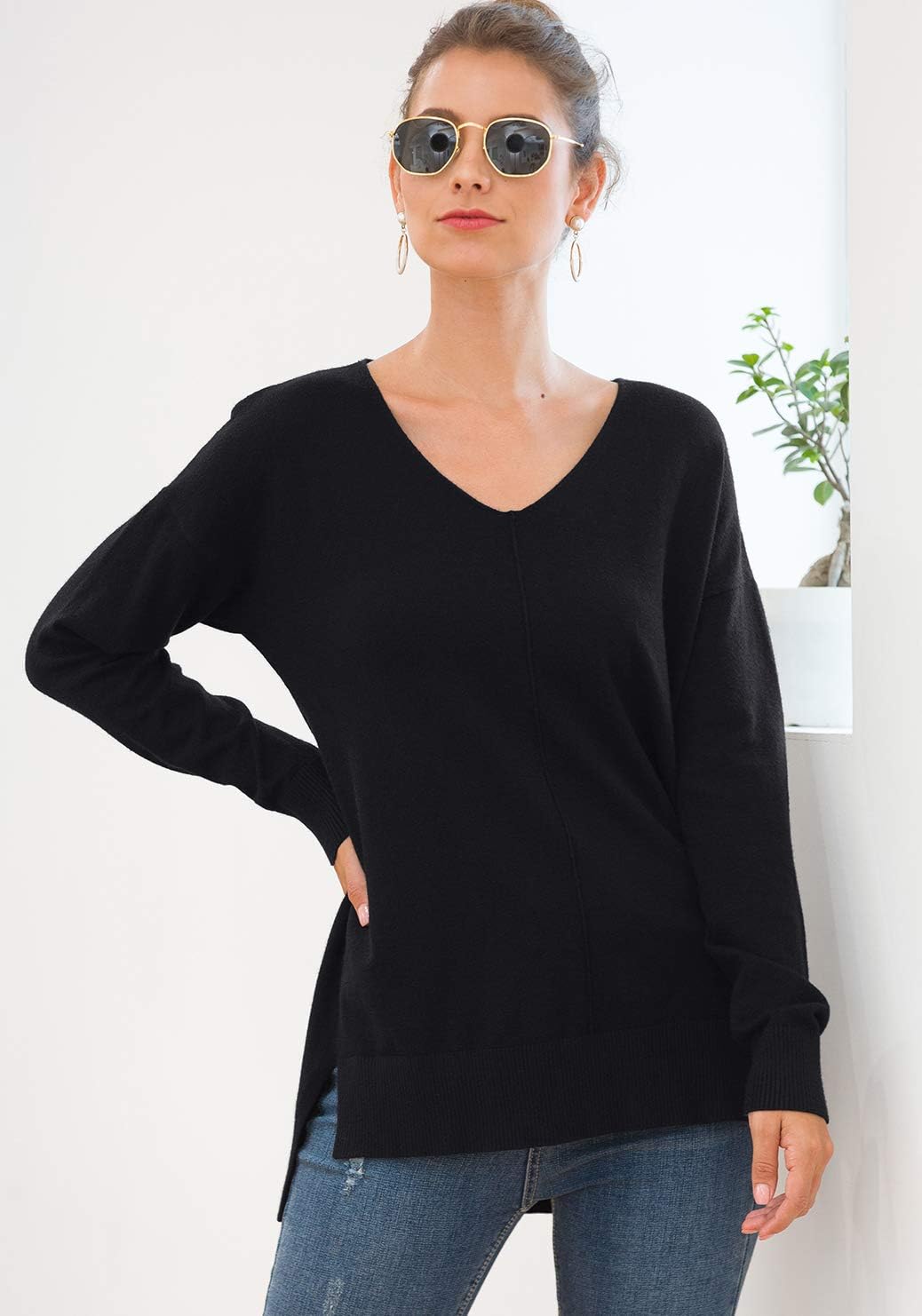Jouica Womens Summer Short Sleeve Tops Casual V Neck Loose Fit Knit Lightweight Sweater Pullover Top