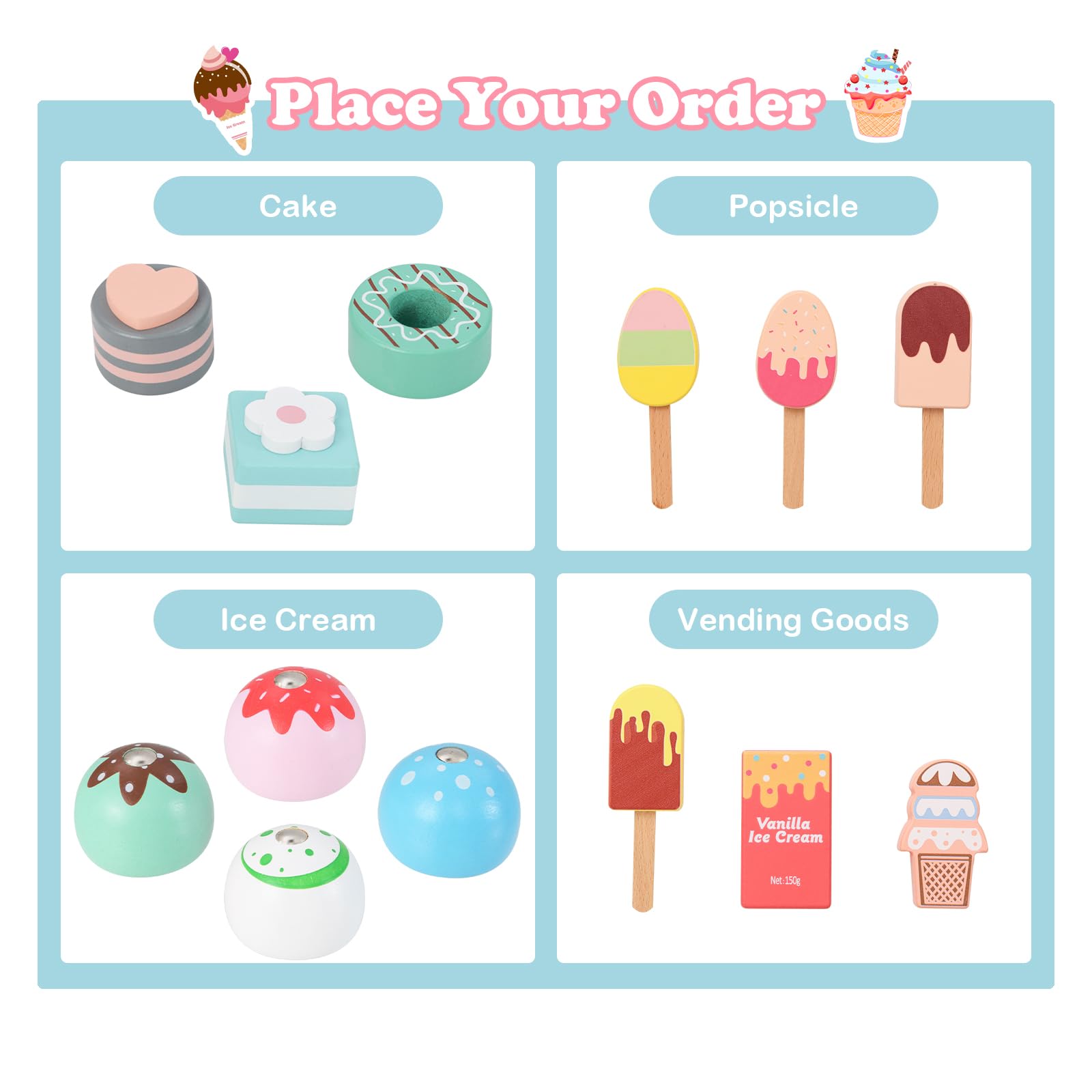 HOMASIS Carrello Gelati Bambini in Legno con 15 Accessori, 6 Gelati Giocattolo, Gelatiera, Distributore Automatico, Cassa e Scanner, Gelateria con Ruote per Bambini dai 3+ Anni (Verde)