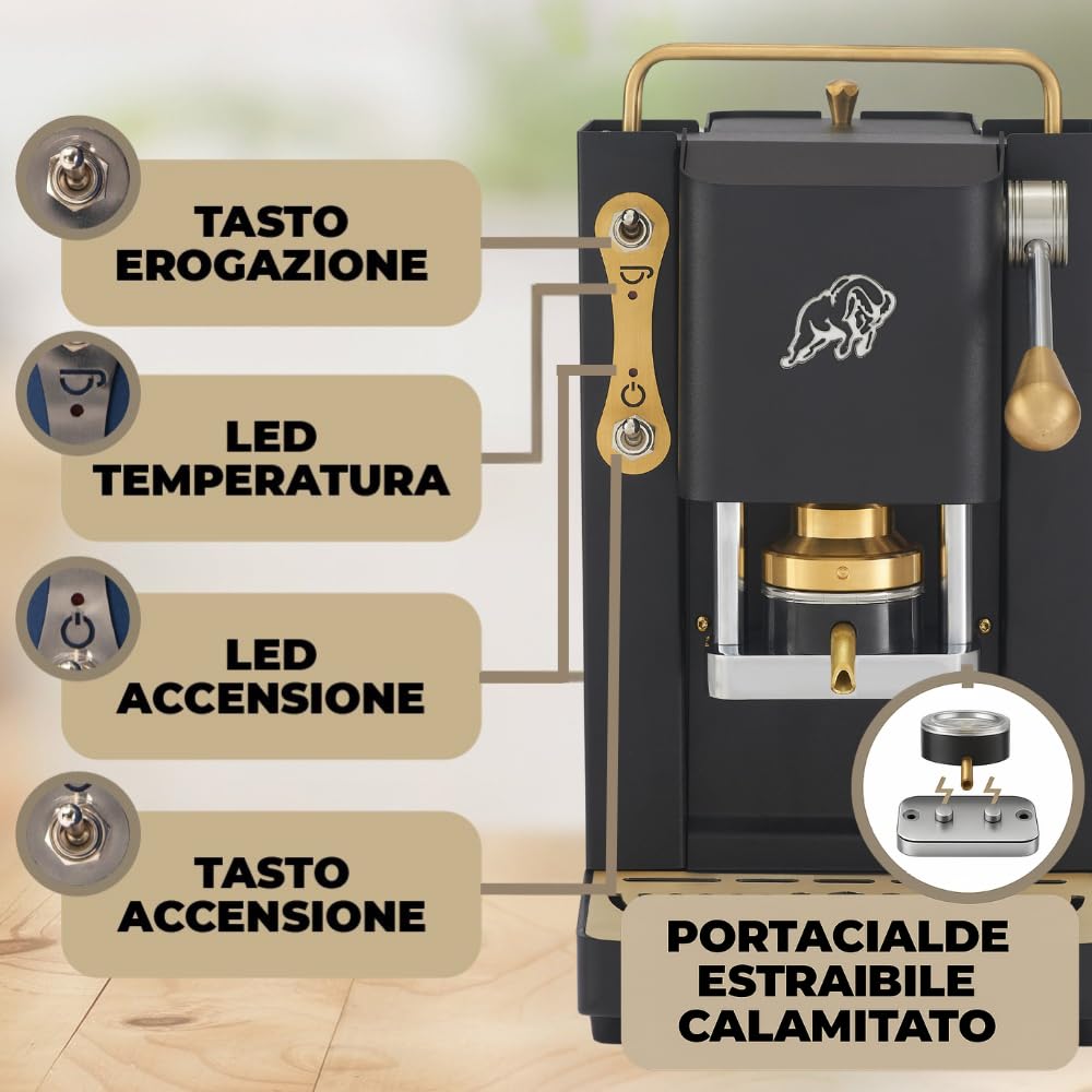 FABER COFFEE MACHINES | 3.0 PRO ESSENTIAL | Macchina Caffè ESE 44mm Compatta con, Tanica in Vetro, Portacialda Estraibile e Pressacialda Ottone Regolabile (Black, OTTONE)