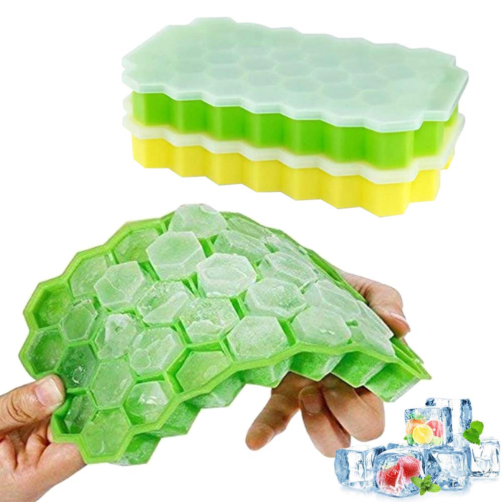 Ice Cube Trays, 2 Pack Silicone Ice Cube Molds with Removable Lid, 74 Cubes Stackable Flexible Ice Tray for Whiskey Storage, Cocktail, Beverages