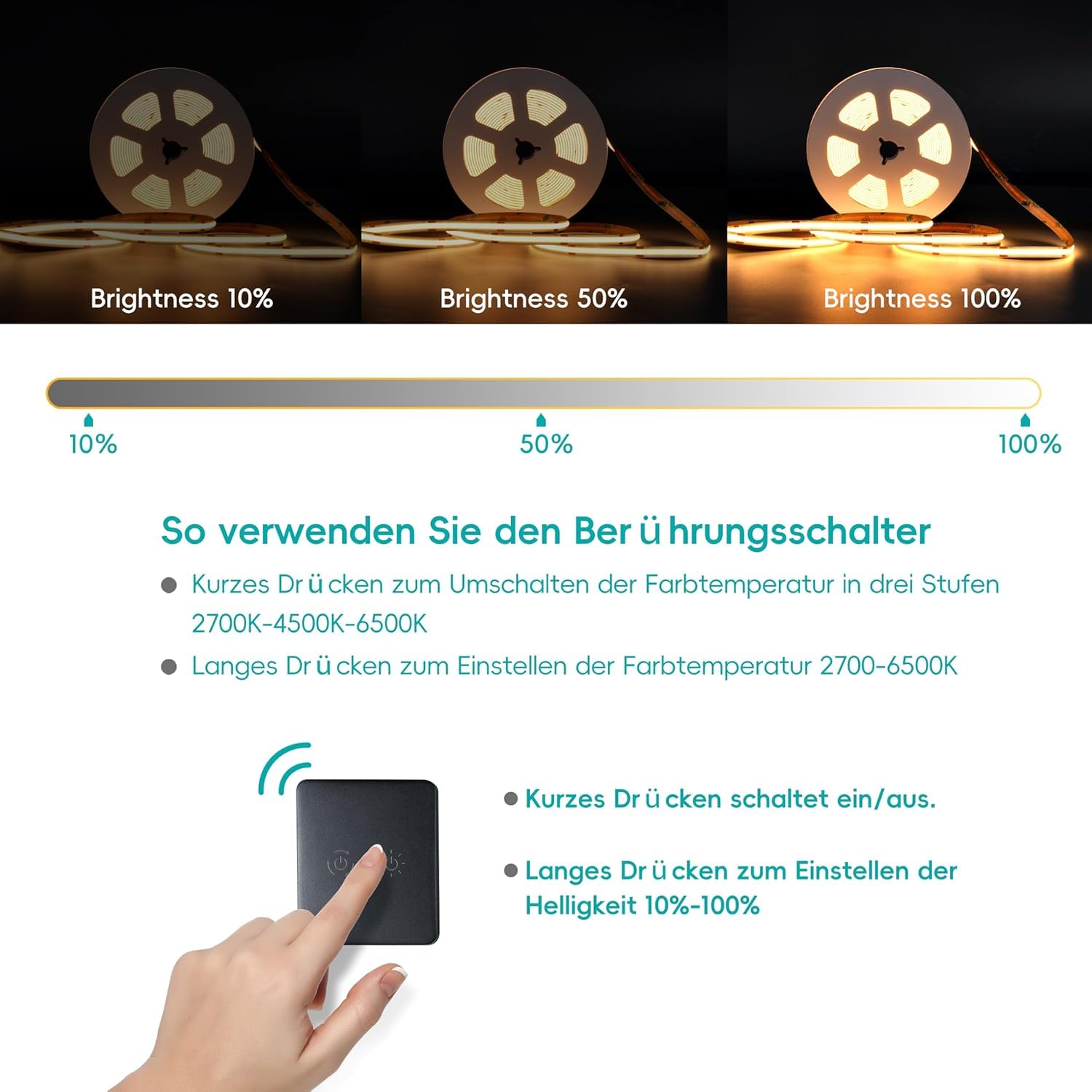 24V COB LED Streifen 5M– 480 LEDs/m, flimmerfrei ultrahell, Farbtemperatur 2700K–6500K dimmbar, mit Touch-Schalter 2.4G Controller und 60W Netzteil für Küche, Schränke