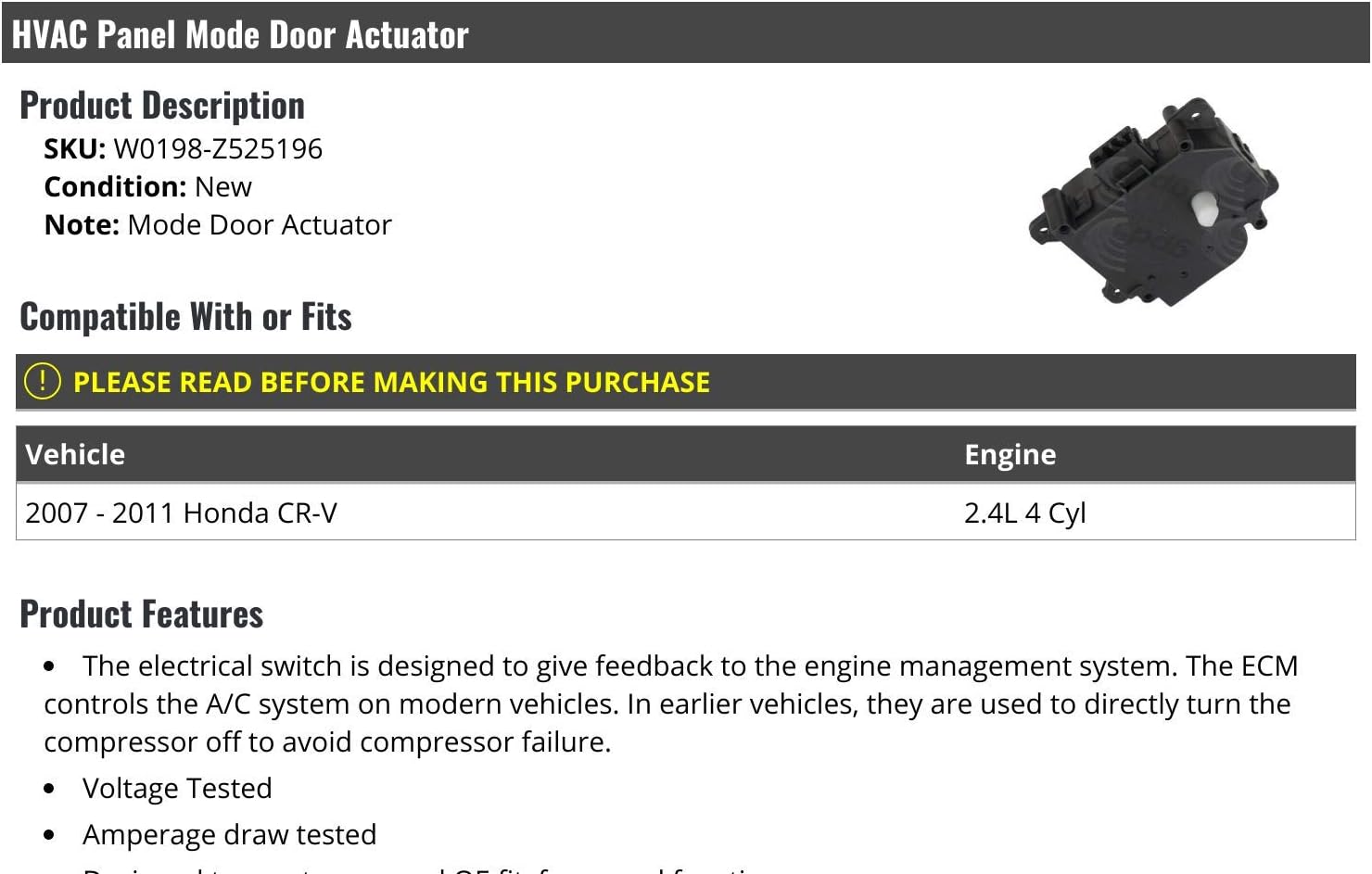 Marketplace Auto Parts HVAC Panel Mode Door Actuator - Compatible with 2007-2011 Honda CR-V 2.4L 4-Cylinder