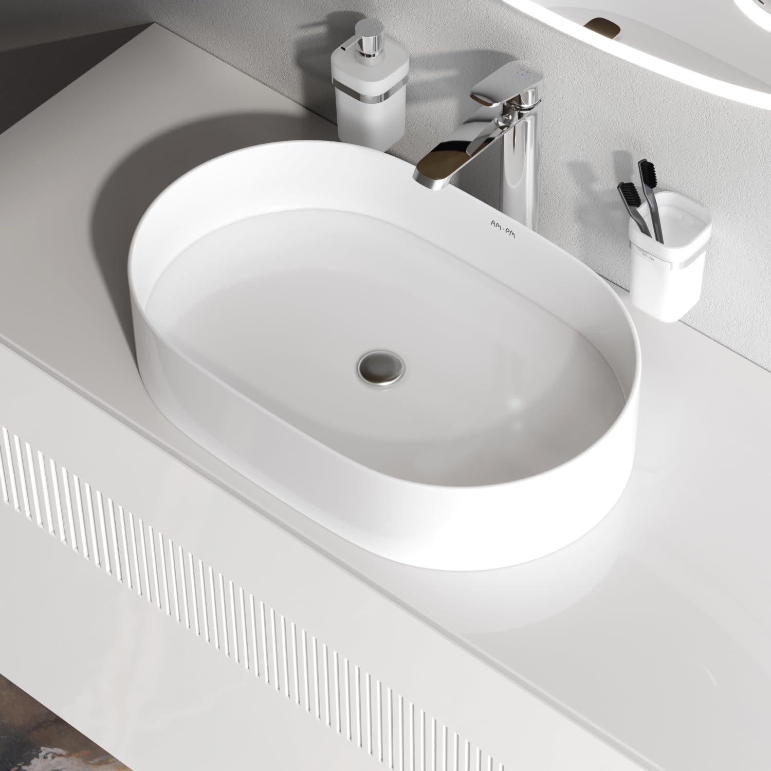 AM.PM Func - owalna umywalka nasadowa, ceramiczna umywalka do łazienki i toalety dla gości, umywalka do łazienki, umywalka nablatowa bez przelewu, łatwa instalacja – 51 x 35 x 12 cm, biała