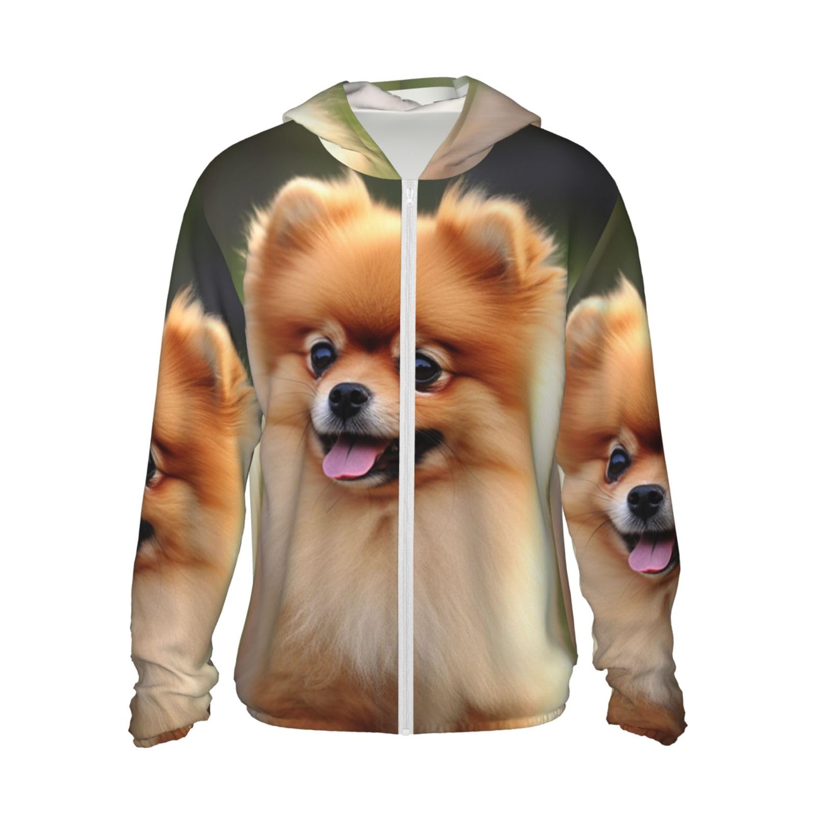 UPF 50+ Light Jacket Full Zip Sun Protection Hoodie for Women Men Long Sleeve Pomeranian Dog Sun Shirts Black