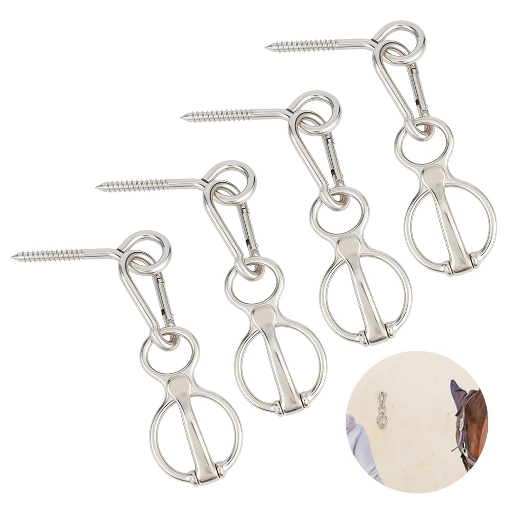 BENECREAT 4 Sets Platinum Horse Tie Ring, Alloy Horse Tack and Supplies, Horses Restraint Ring with Eye Bolt and Snaps Saddle for Stable Barn Carriages Outdoor Pasture Trail Show Grounds Feeding Area