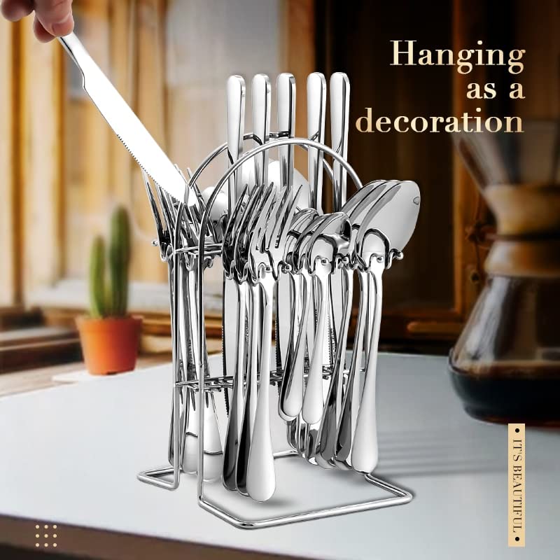 Juego de Cubiertos de Acero Inoxidable, 24 Piezas, Caja de Regalo, Mango de Color de Lujo, Tenedor, Cuchara y Cuchillo. Apto para lavavajillas (Rojo Dorado).
