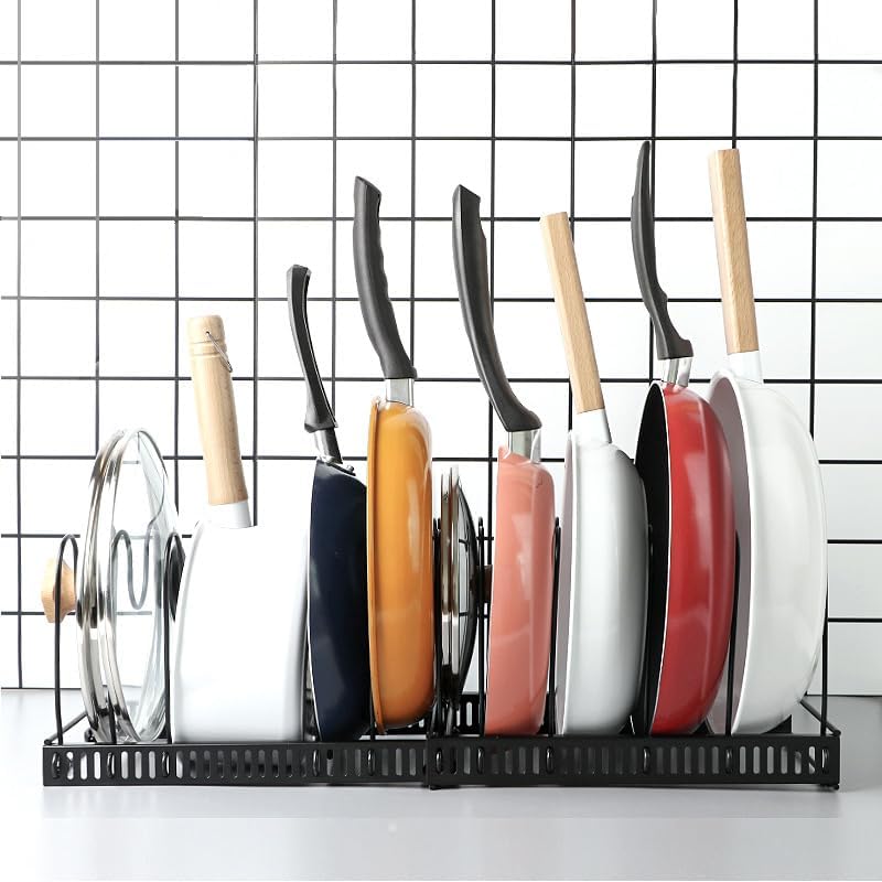 Organizador expandible para ollas y sartenes, soporte para tapas de sartenes, bandeja para hornear y sartenes, organizador de despensa de armario de