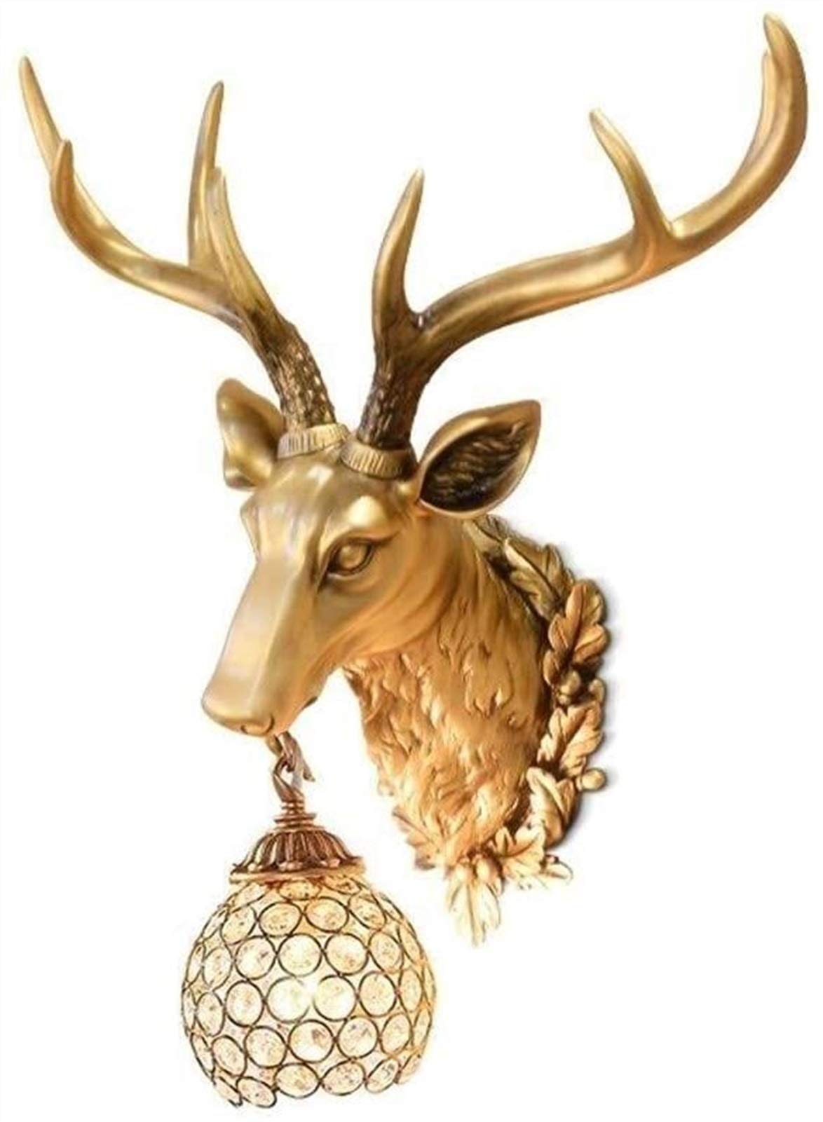 Hand-Painted Deer Head Wall Lamp, Golden Antler Resin Wall Light, Crystal Lampshade, Wall Sconce, Room Decoration, Bedroom Bedside, Living Room, Lounge, Corridor (Color : A)