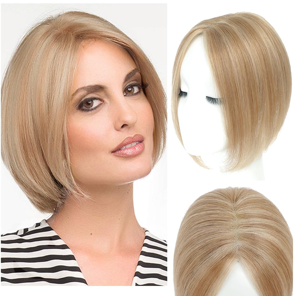 Haaraufsätze für Frauen Echthaar-Clip-In 25,4 cm Schweizer Basis Haarteile für dünnes Haar, Haarverlust-Abdeckung (Aschbraun mit Blond)#1016