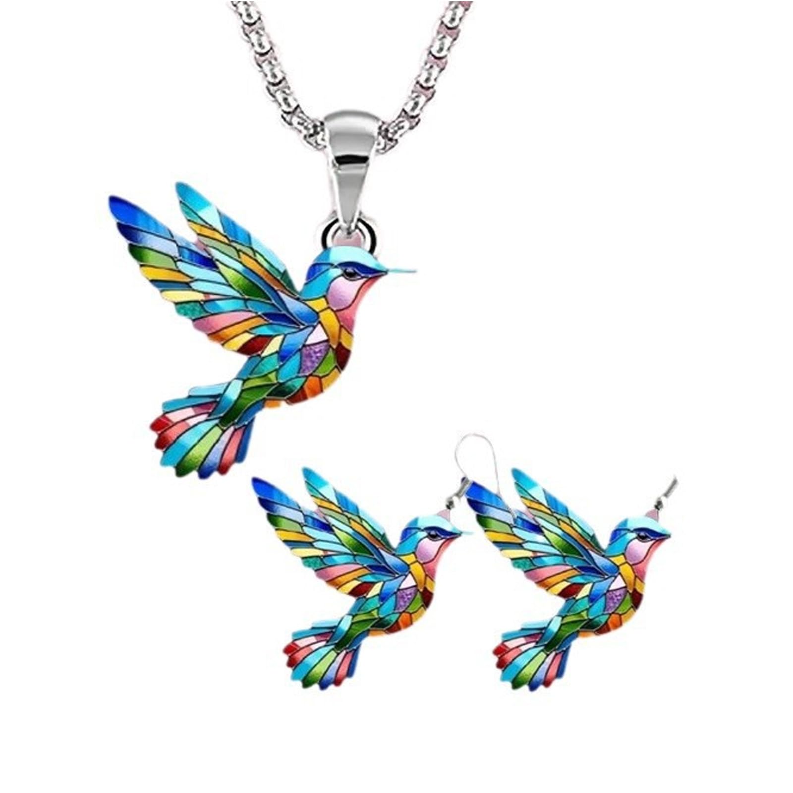 Maxtonser Acrylic Colorful Hummingbird Necklace and Dangle Earrings for Women Elegant Pendant Jewelry Accessories for Daily Wear