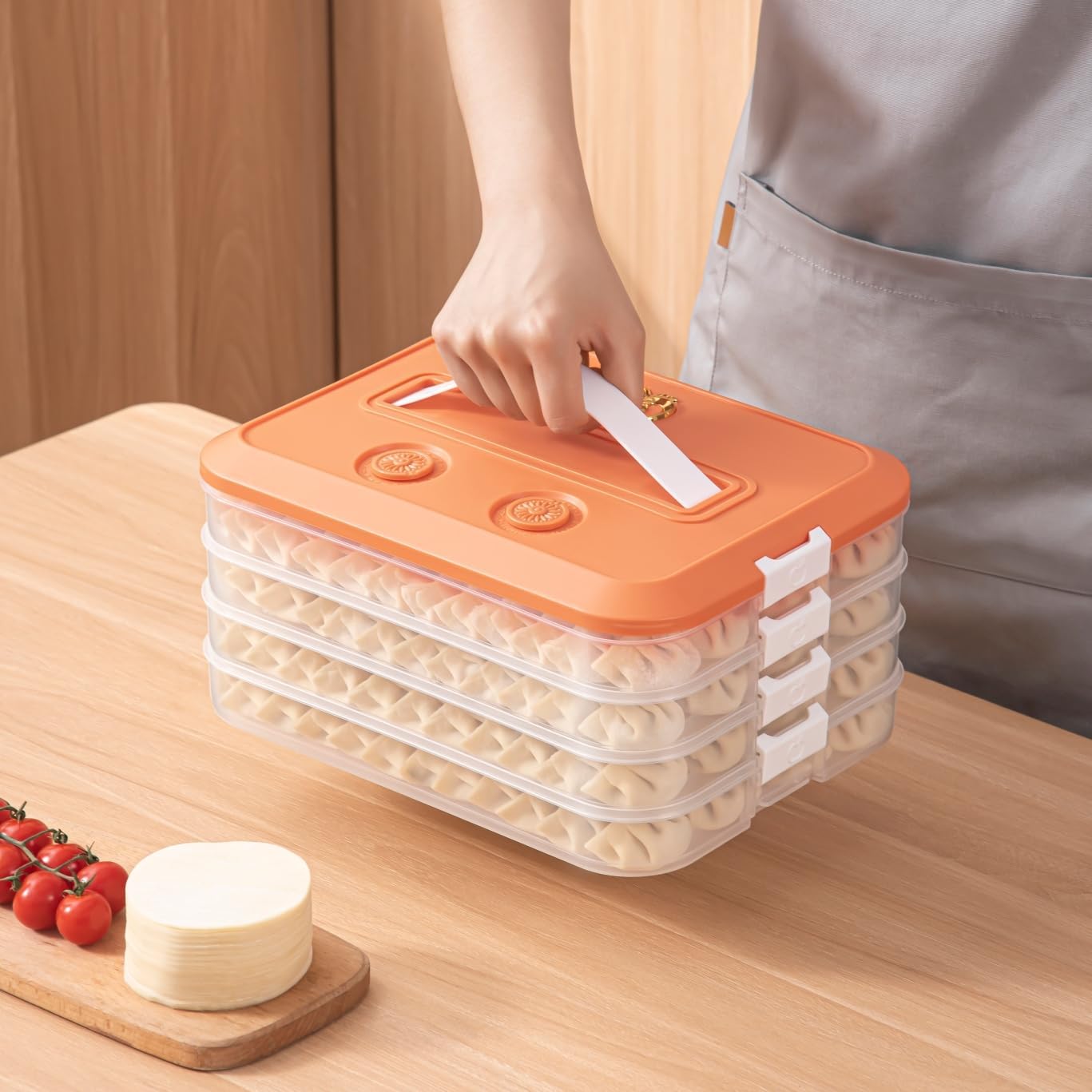4-Layer Small Frozen Dumpling Storage with Lids, Flat Stacks Food Container Icing Cookies Deserts Wonton Donuts Box Organizer For Fridge, 1.18 Inches Net Height for Per Layer, Blue