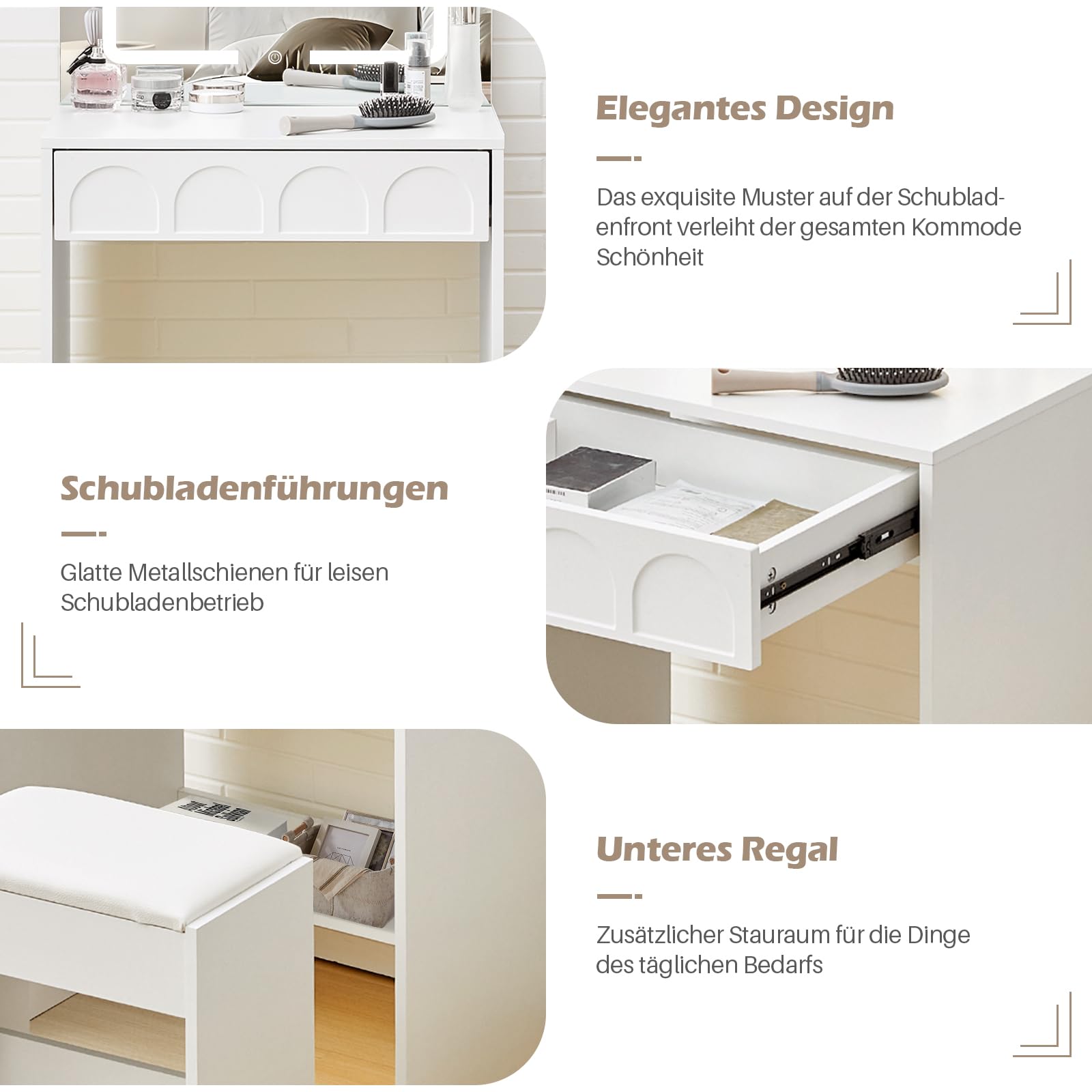 TUKAILAI Schminktisch mit Beleuchtung, Schminktisch Klein mit Spiegel, 60cm Breit Platzsparende Schminkkommode, Kosmetiktisch für Wohnung, kleines Zimmer, Weiß