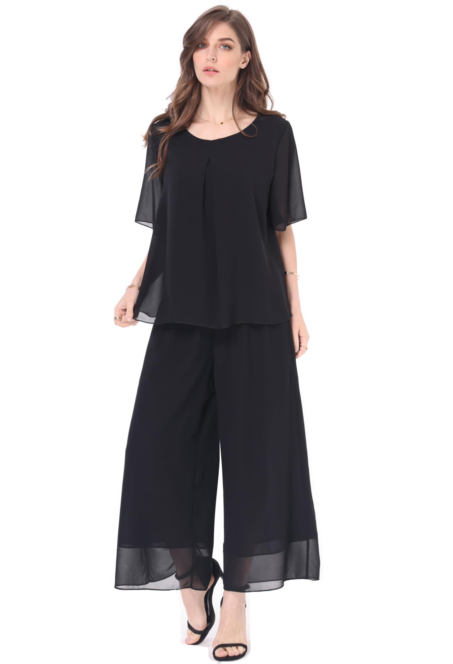 Womens 2 Piece Chiffon Sets Outfits Flowy Summer Casual Dressy Pantsuits Loose Double Layers Blouse Pants Sets