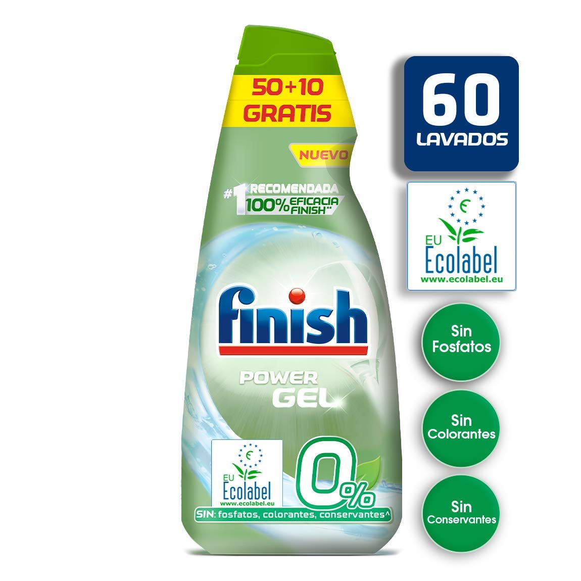Finish 0% Gel Detergente para Lavavajillas, Certificado Ecológico - 60 Dosis