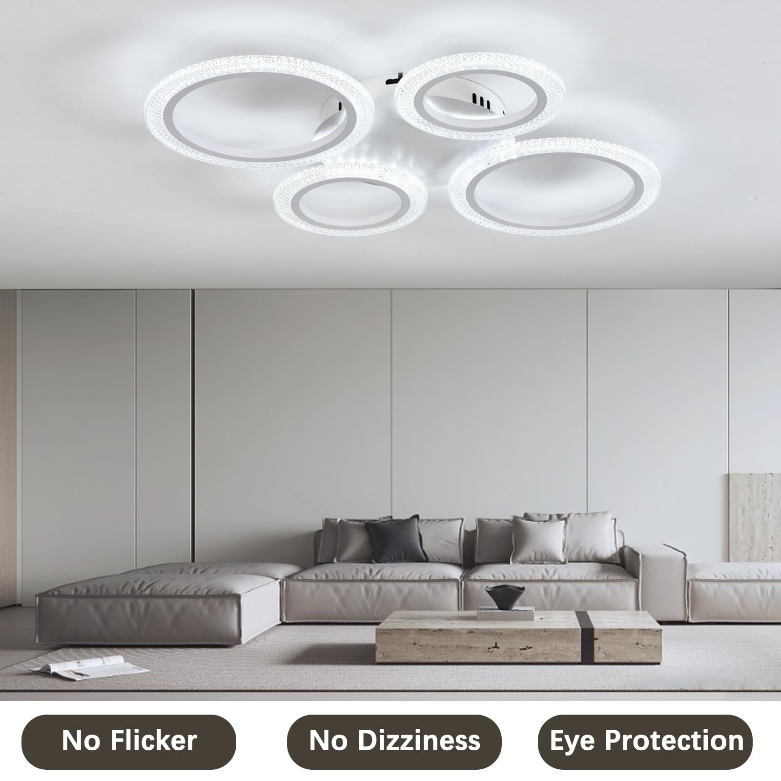 Nowoczesna Lampa Sufitowa z Pilotem i APP, 4-Pierścieniowa Regulowana Lampa Wisząca z Funkcją Pamięci i Regulacją Jasności, 48W LED, do Salonu, Sypialni i Pokoju Dziennego -White