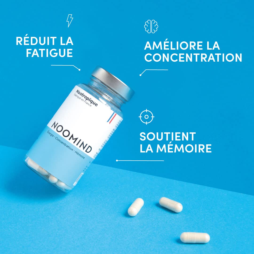 Nootropique | Booster de Concentration, Énergie et Mémoire | Bacopa Monnieri, L-Tyrosine, Caféine, L-Théanine, Ginkgo Biloba, Vitamine B6 & B12 | 90 gélules | Fabriqué en France