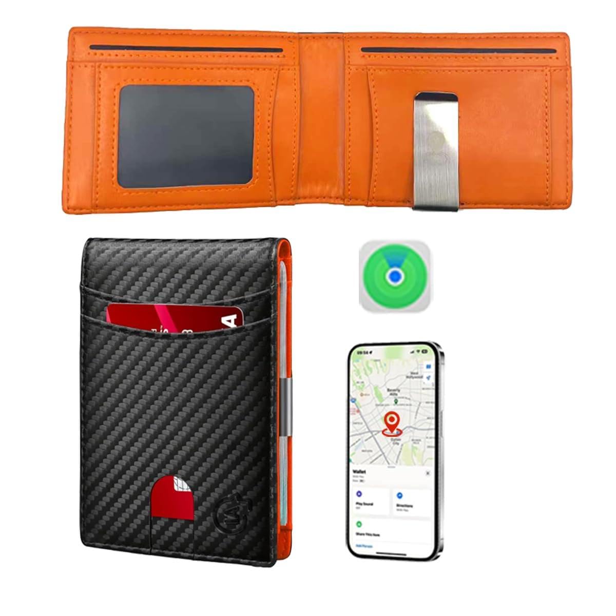 Anti-Lost Bluetooth Wallet Tracker & Finder, Compatible with Anroid, Slim Leather with 1 ID Window, Credit Card Holder with Gift Box (iOS-KBF005-Carbon Black) (Carbon Black & Orange, Android)-image-8