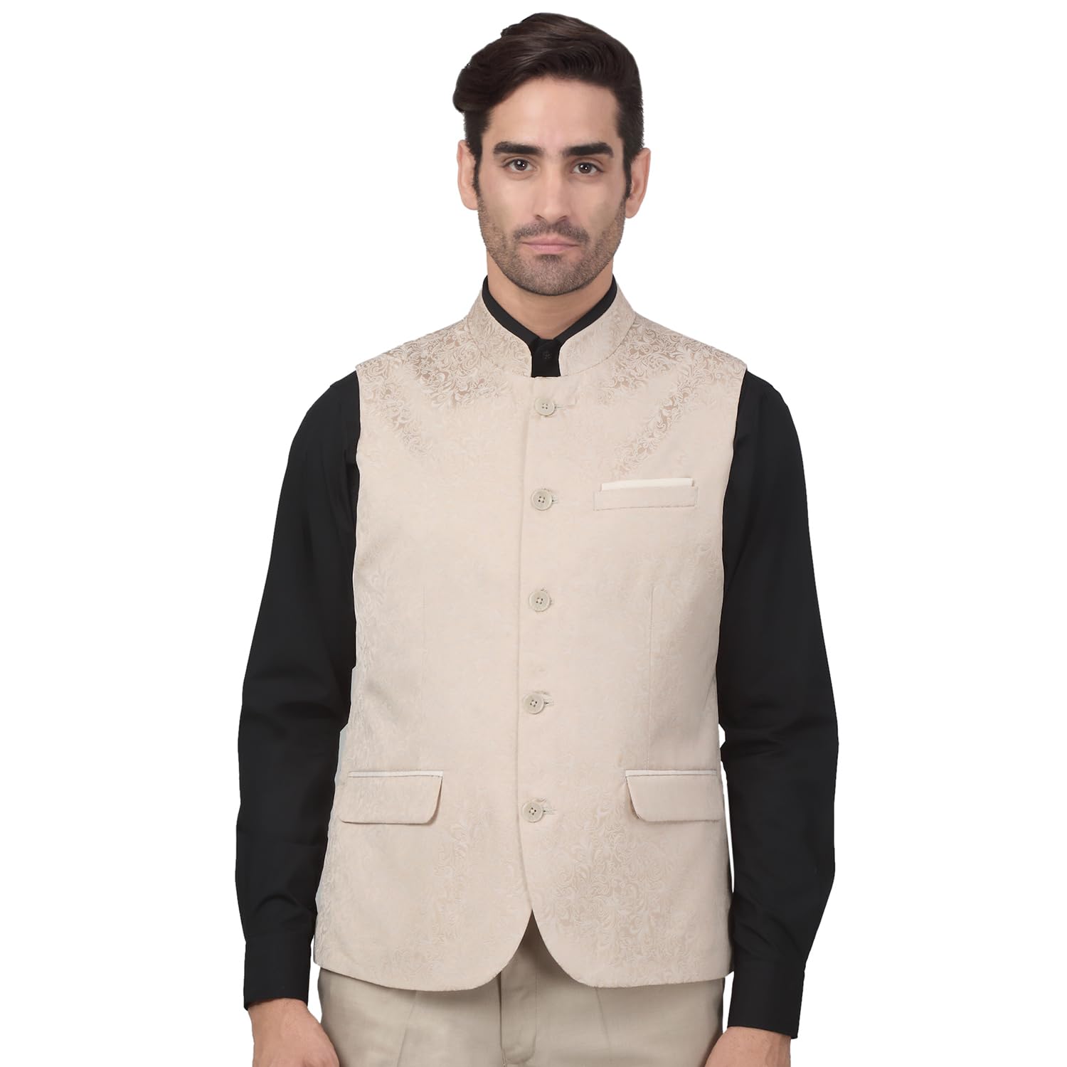 cantabil Men's Self Design Mandarin Collar Waist Coat-picture-38