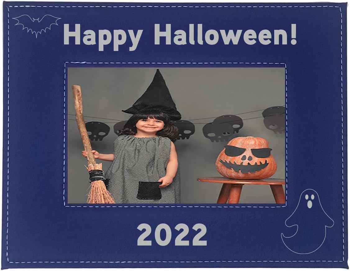 CustomGiftsNow Happy Halloween! - 2022-2023 - 2024 Laser Engraved Faux Leather Leatherette Wall Hanging/Tabletop Black 8x10 Halloween Picture Group Family Christmas Horizontal Landscape Photo Frame