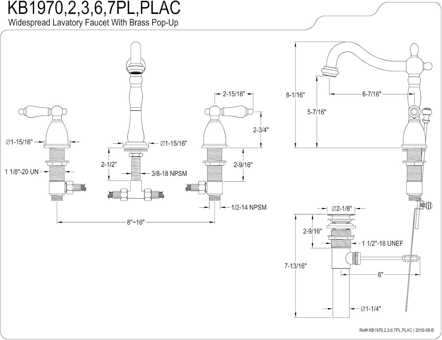 Promo 40% OFF Kingston Brass KB1970PL Kb1970Pl Heritage 8 Widespread Lavatory Faucet With Brass Pop-Up, 6-1/2 In Spout Reach, Matte Black
