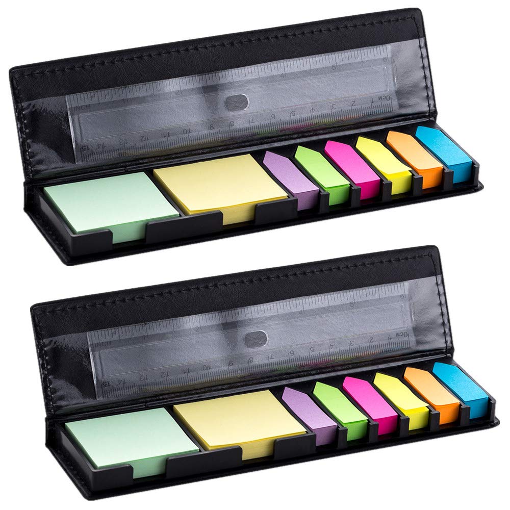 YISEEK Sticky Notes and Index Tabs Set, 1280 Pcs Self-Stick Notes with Colored Page Markers and Ruler, Leather Look Organizer Box for Office, School, Teacher Supplies, 2 Pack (Black)