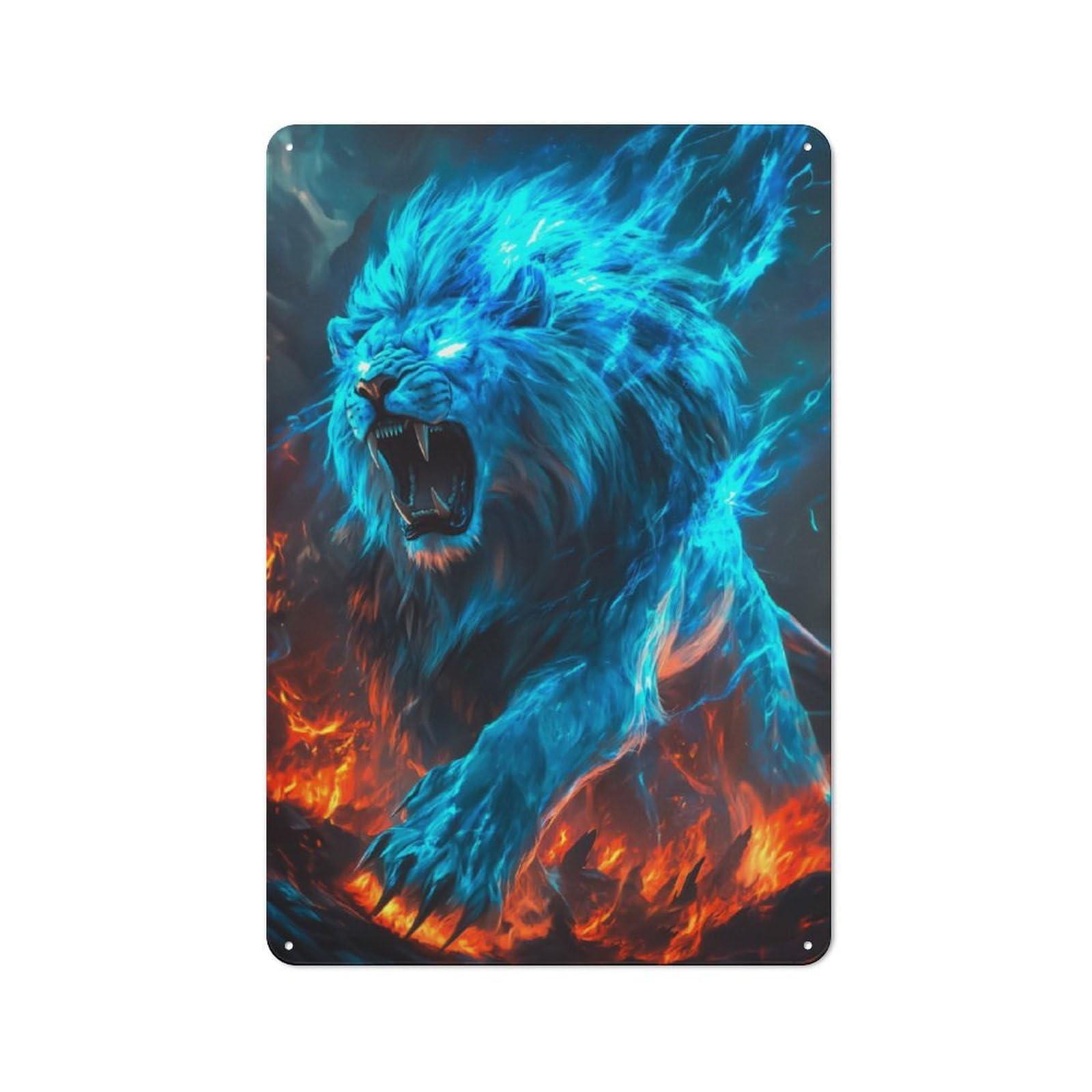 Junmoney Blue Fire Lion For Lounge Or Reading Corner, Retro Metal Sign 30X20cm, For Metal Sign Collectors, For Garage And Workshop Walls