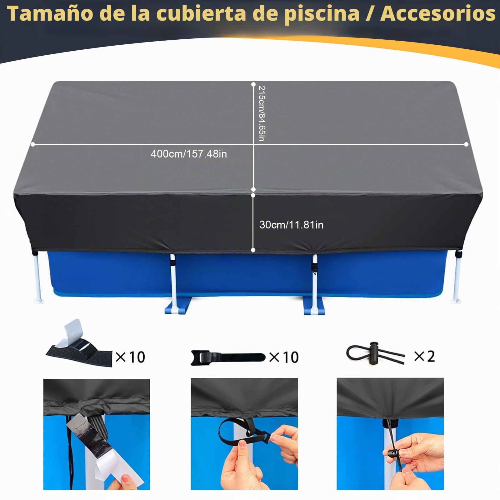 Cubierta de piscina rectangular, con cordones, para piscina con marco rectangular, resistente al polvo, impermeable, cubierta de piscina rectangular, protección UV, marco de piscina (400 x 215 cm)