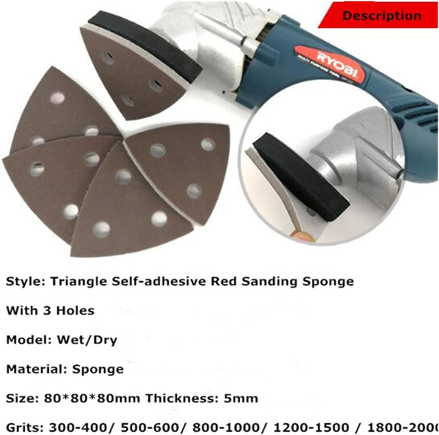 Sander Sandpaper 3-hole Triangle Wet/dry Flocking Sponge Sand Disc Sandpaper Red 80 * 80 * 80MM 300-2000 Grinding Wheel Polishing Tool (Grit : 10pcs Grit 2000)